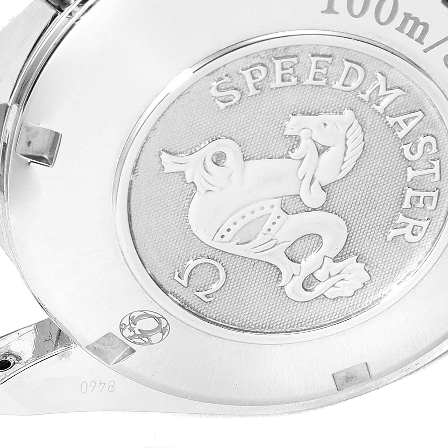 This image shows the case back of an Omega Speedmaster 3220.50.00 Men
s Stainless Steel Black Dial 3220.50.00 Men
s Stainless Steel Black Dial watch with the Speedmaster logo and an engraved design.