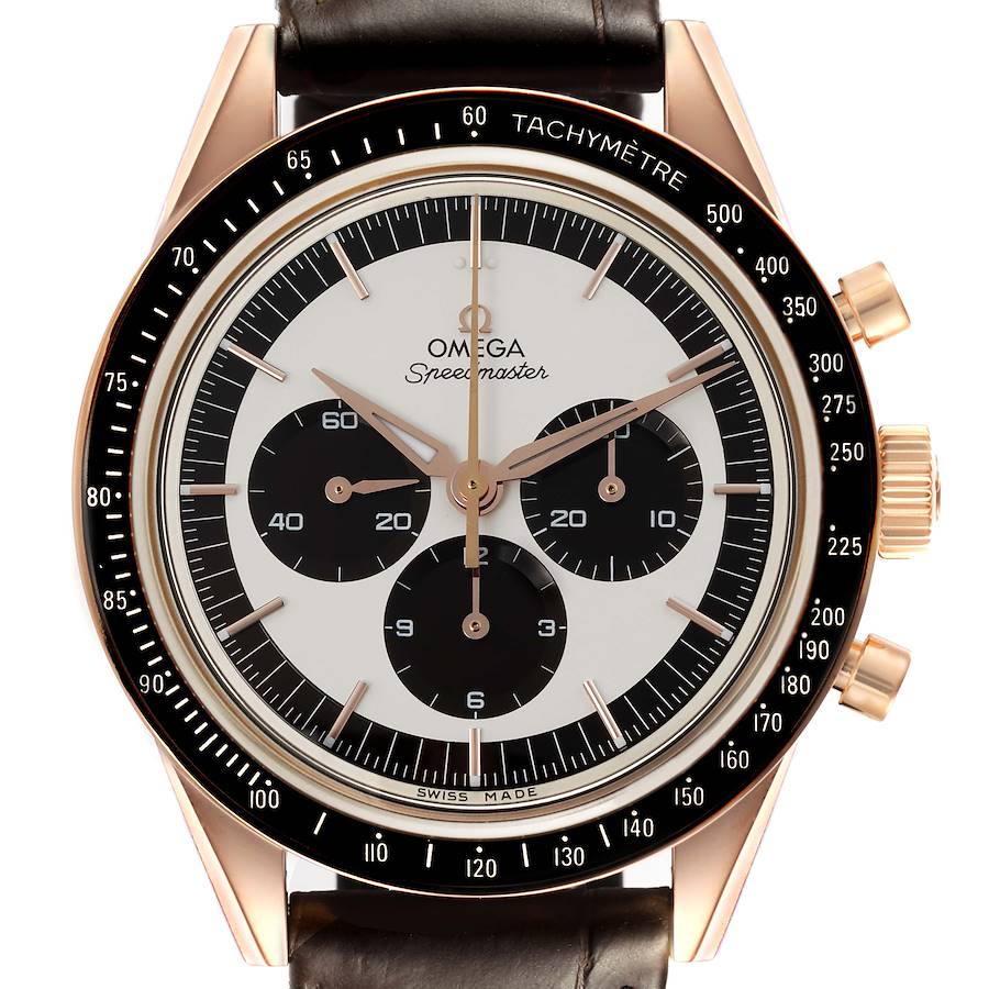 The Omega Speedmaster is shown from the front, displaying the dial, tachymeter bezel, and pushers.