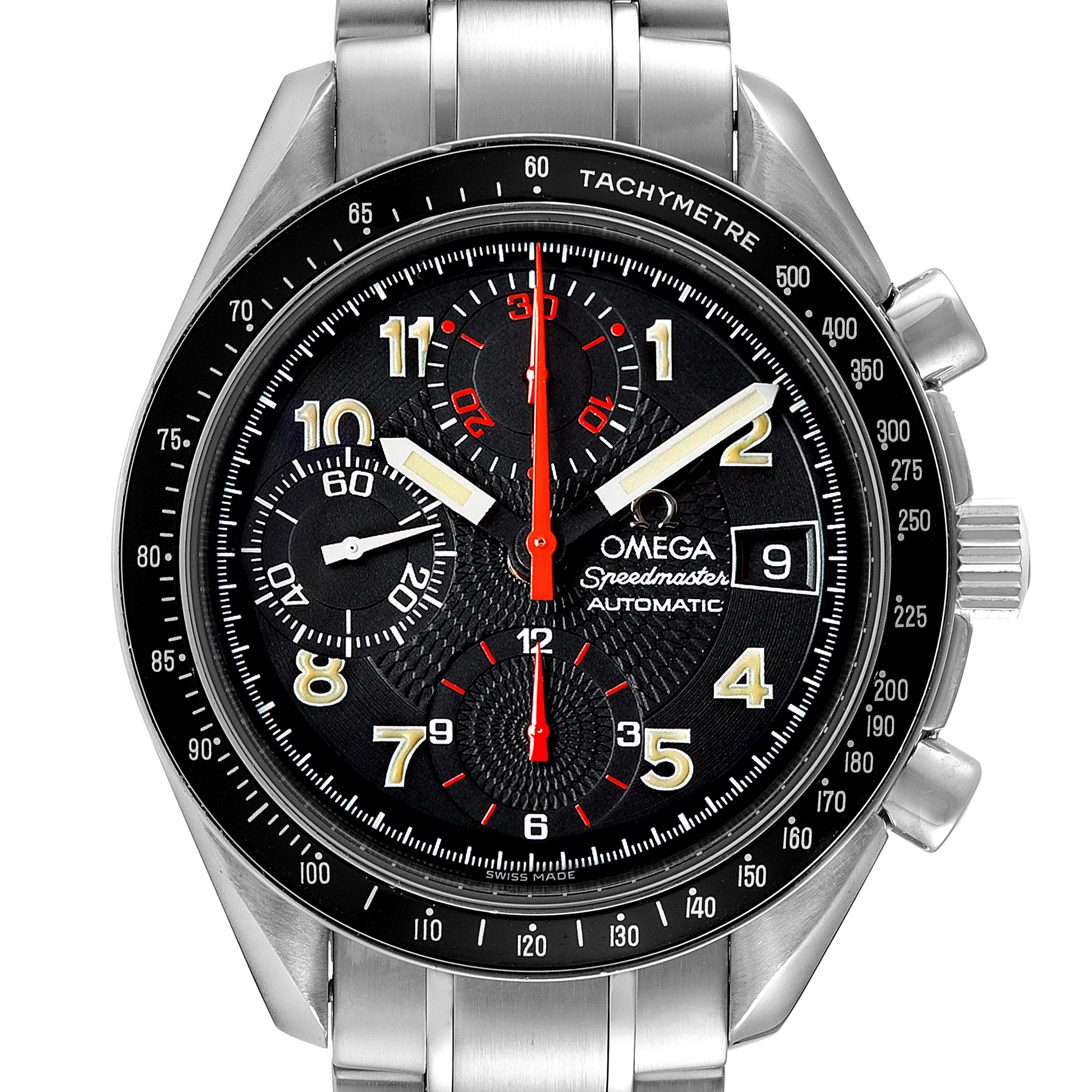This image shows a front view of the Omega Speedmaster 3513.53.00 Men
s Stainless Steel Black Dial 3513.53.00 Men
s Stainless Steel Black Dial watch, highlighting the dial, bezel, and part of the bracelet.
