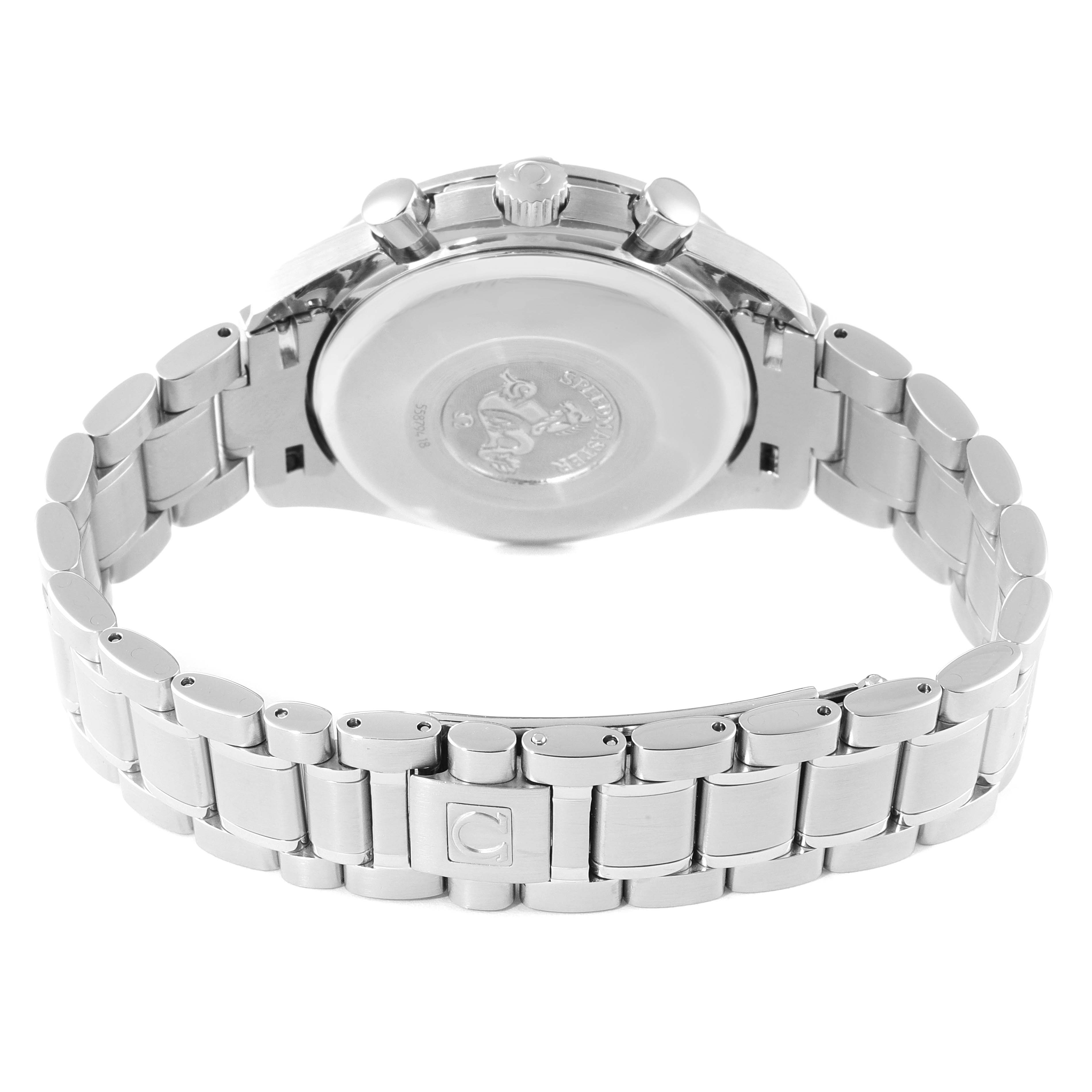 The image shows the back view of an Omega Speedmaster 3513.53.00 Men
s Stainless Steel Black Dial 3513.53.00 Men
s Stainless Steel Black Dial watch, highlighting its case back and metallic bracelet.