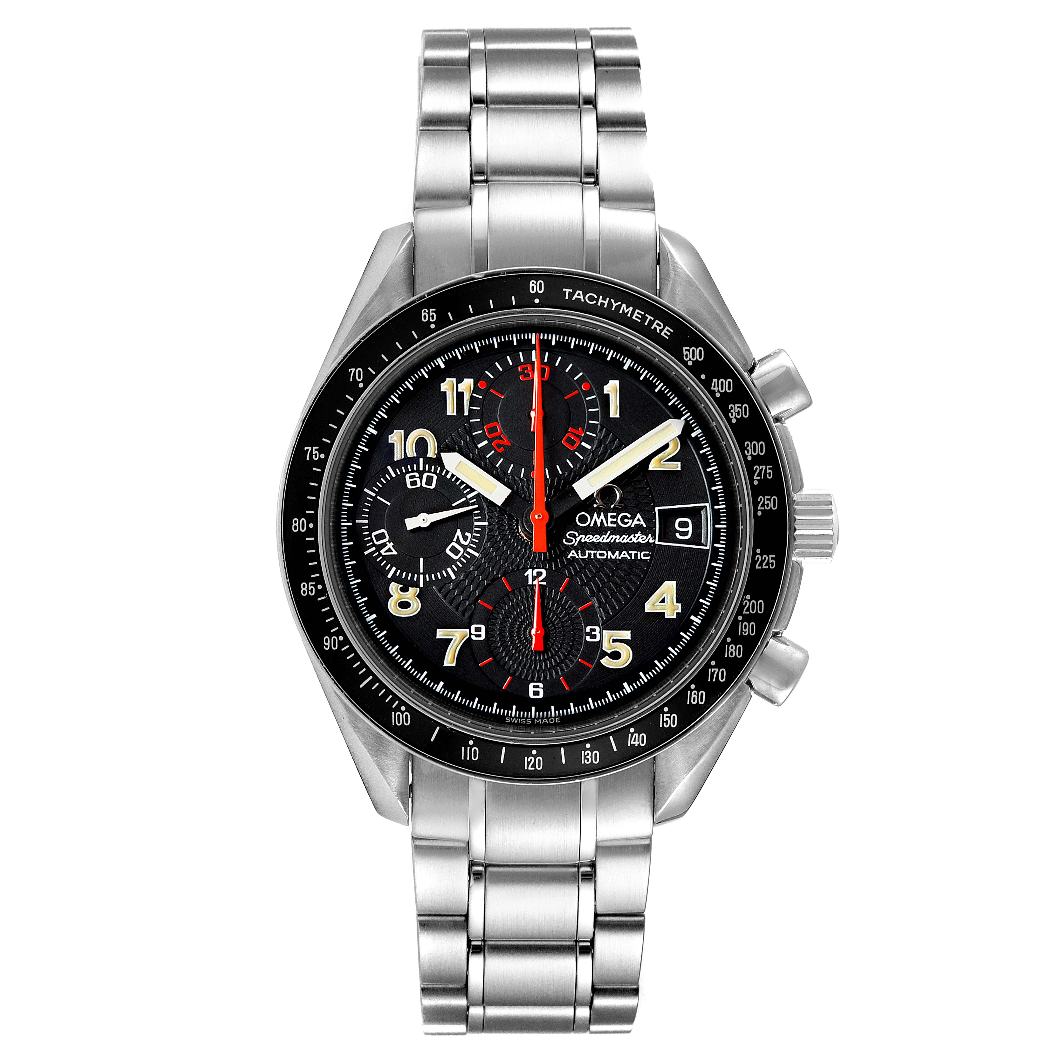 This Omega Speedmaster 3513.53.00 Men
s Stainless Steel Black Dial 3513.53.00 Men
s Stainless Steel Black Dial watch is shown from the front, displaying the dial, chronograph subdials, tachymeter bezel, and stainless steel bracelet.
