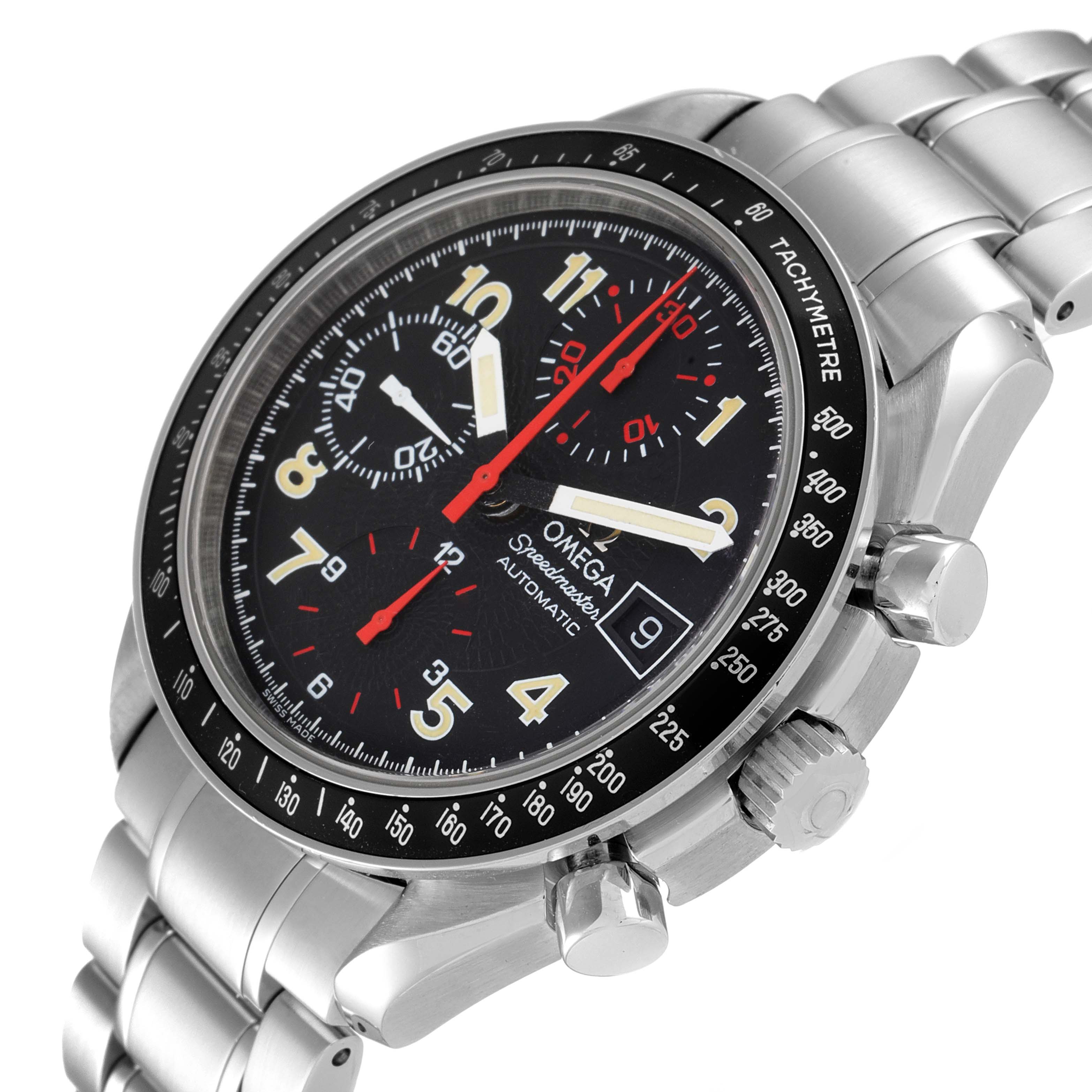 The Omega Speedmaster 3513.53.00 Men
s Stainless Steel Black Dial 3513.53.00 Men
s Stainless Steel Black Dial watch is shown at a slight angle, highlighting its face, bezel, crown, and stainless steel bracelet.