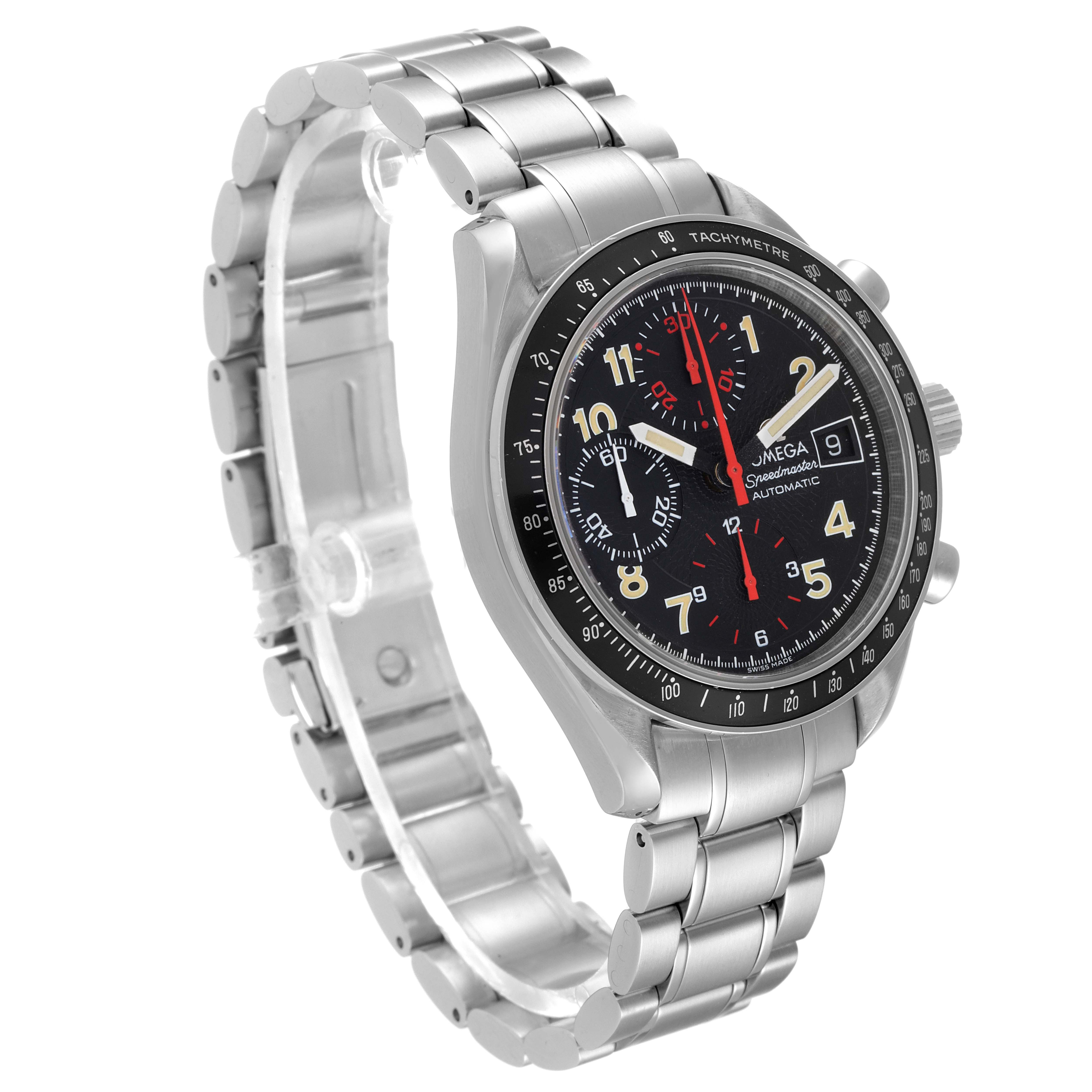 The image shows a side angle view of an Omega Speedmaster 3513.53.00 Men
s Stainless Steel Black Dial 3513.53.00 Men
s Stainless Steel Black Dial watch, highlighting its face, bezel, crown, and stainless steel bracelet.