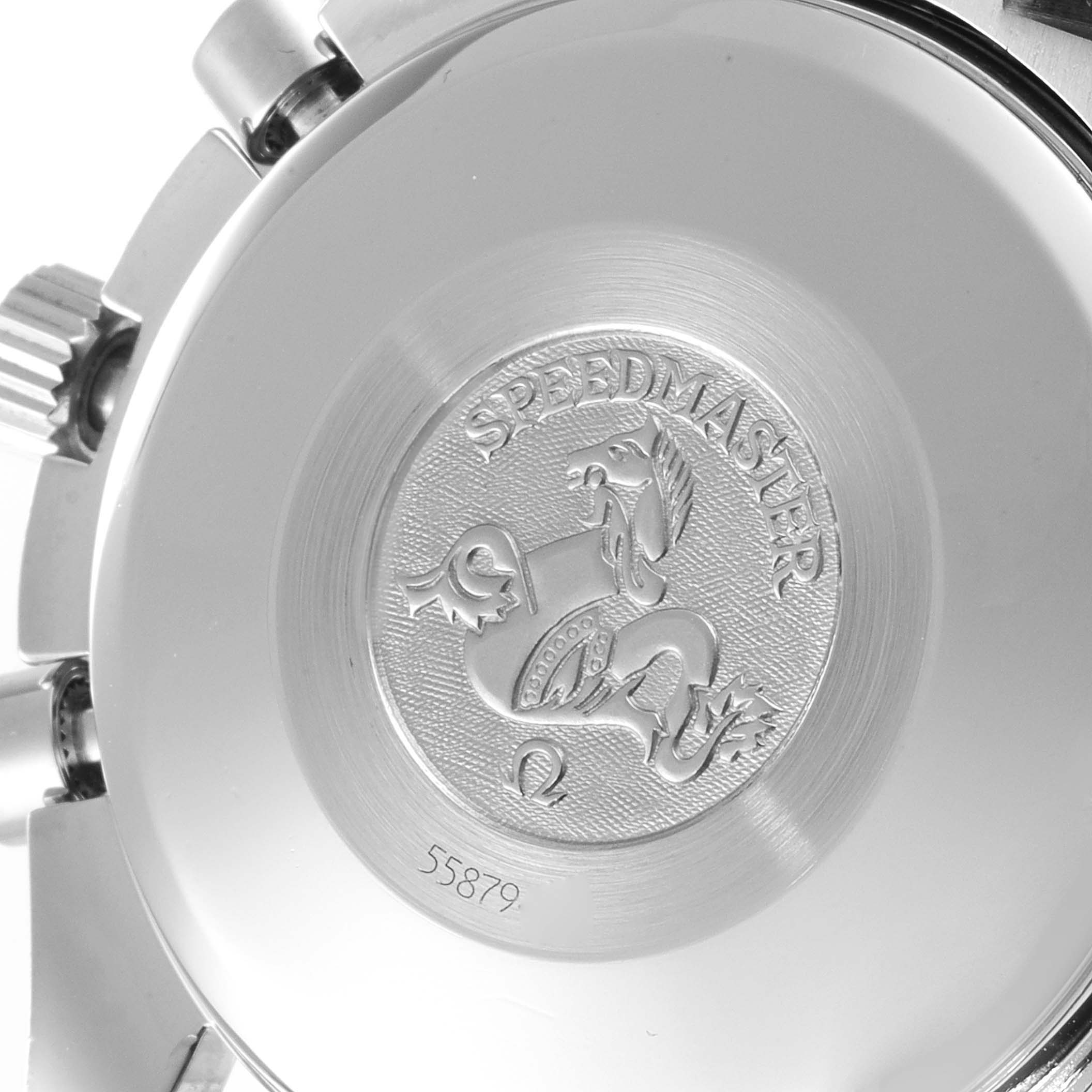 The image shows the engraved case back of an Omega Speedmaster 3513.53.00 Men
s Stainless Steel Black Dial 3513.53.00 Men
s Stainless Steel Black Dial watch at a close-up angle.