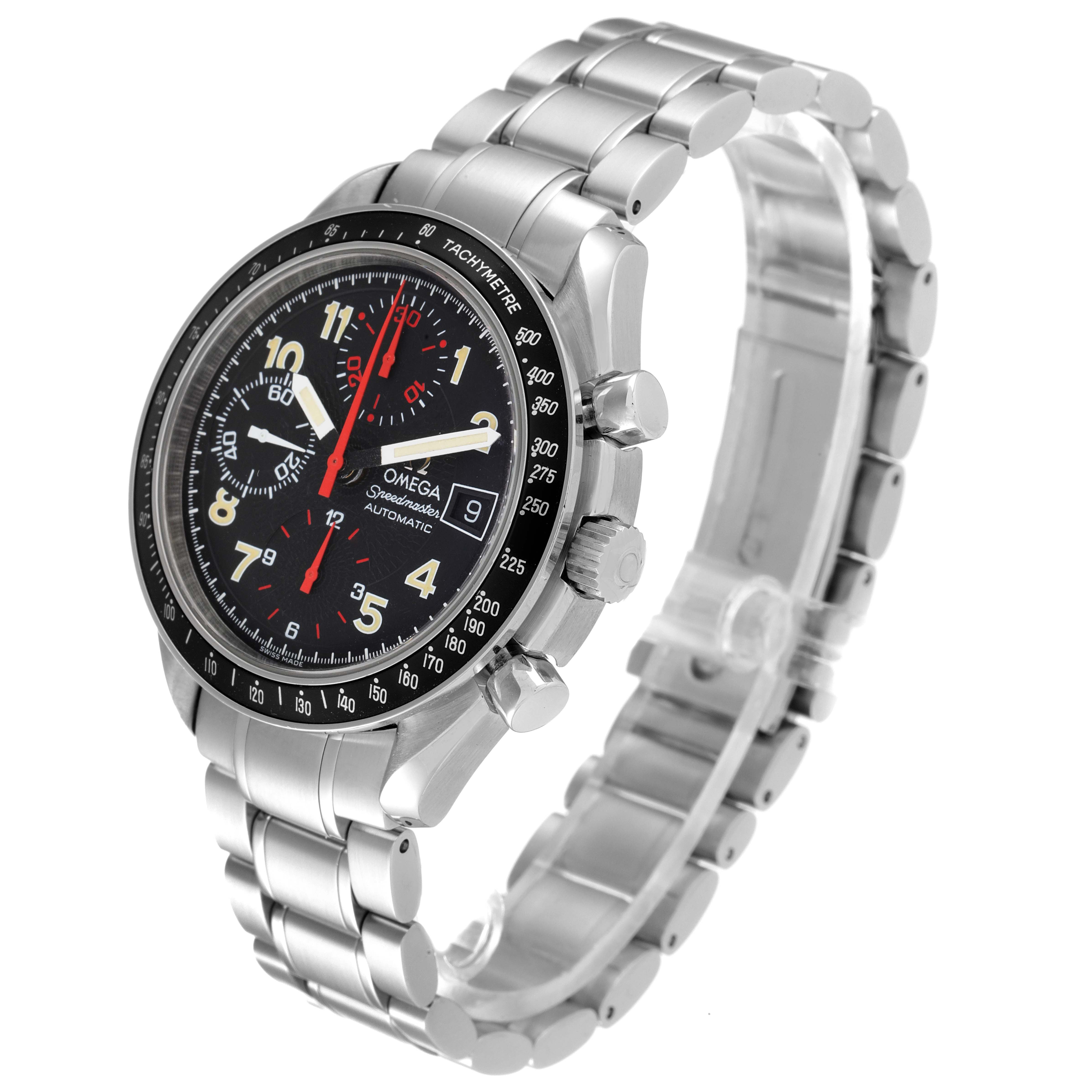 The Omega Speedmaster 3513.53.00 Men
s Stainless Steel Black Dial 3513.53.00 Men
s Stainless Steel Black Dial watch is shown at a three-quarter angle, highlighting its face, bezel, bracelet, and side buttons.