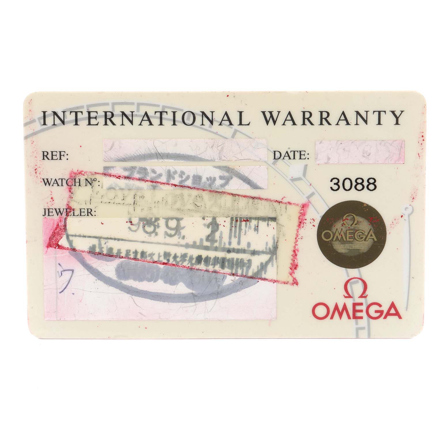 The image shows the front side of an Omega Speedmaster 3513.53.00 Men
s Stainless Steel Black Dial 3513.53.00 Men
s Stainless Steel Black Dial international warranty card.