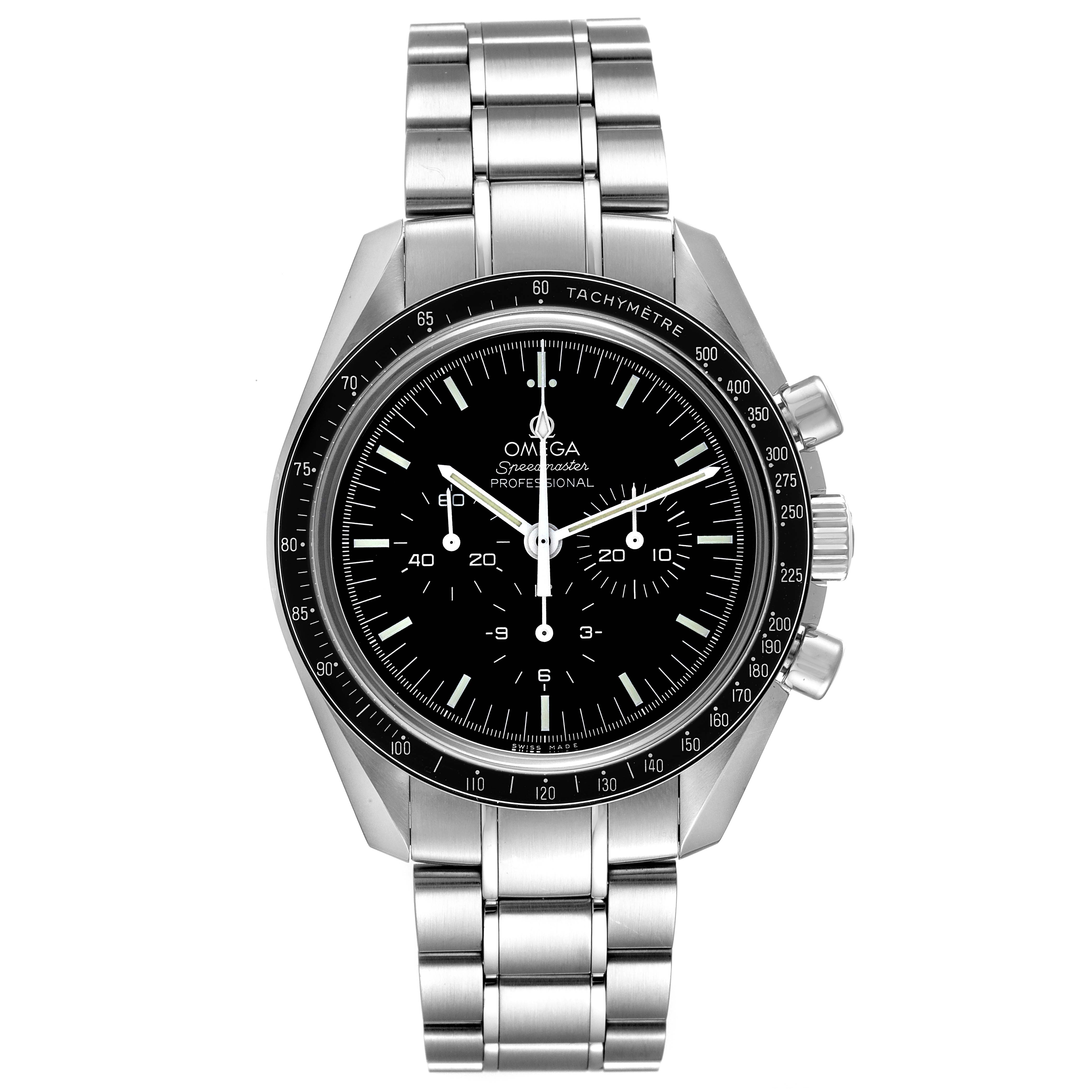 The Omega Speedmaster 311.30.42.30.01.006 Men
s Stainless Steel Black Dial 311.30.42.30.01.006 Men
s Stainless Steel Black Dial watch is shown from a top-down angle, displaying its face, bezel, pushers, and metal bracelet.