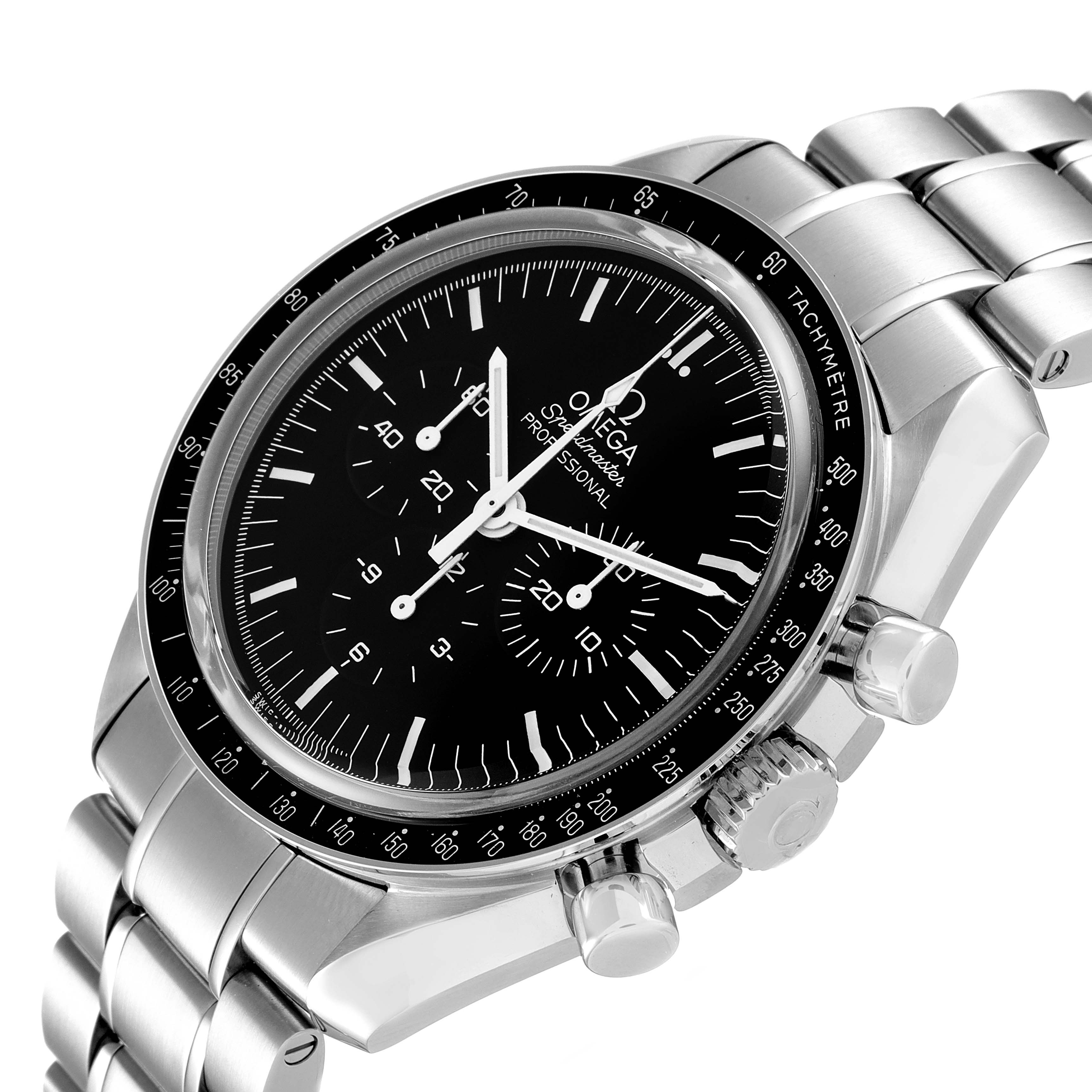 The image shows a close-up side angle of the Omega Speedmaster 311.30.42.30.01.006 Men
s Stainless Steel Black Dial 311.30.42.30.01.006 Men
s Stainless Steel Black Dial watch, highlighting the dial, crown, and bracelet.