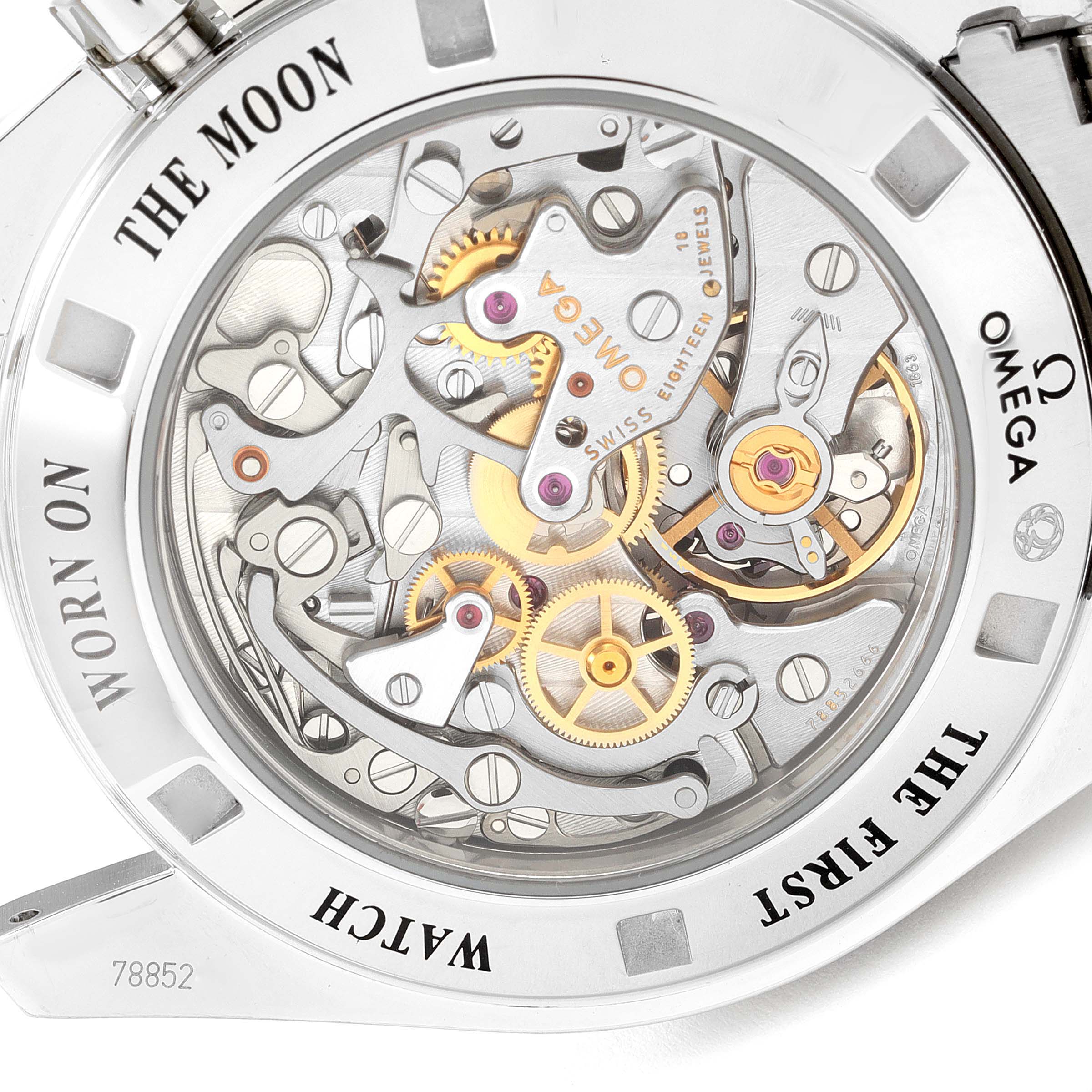 This image shows the back of the Omega Speedmaster 311.30.42.30.01.006 Men
s Stainless Steel Black Dial 311.30.42.30.01.006 Men
s Stainless Steel Black Dial watch, revealing its intricate internal mechanical components.