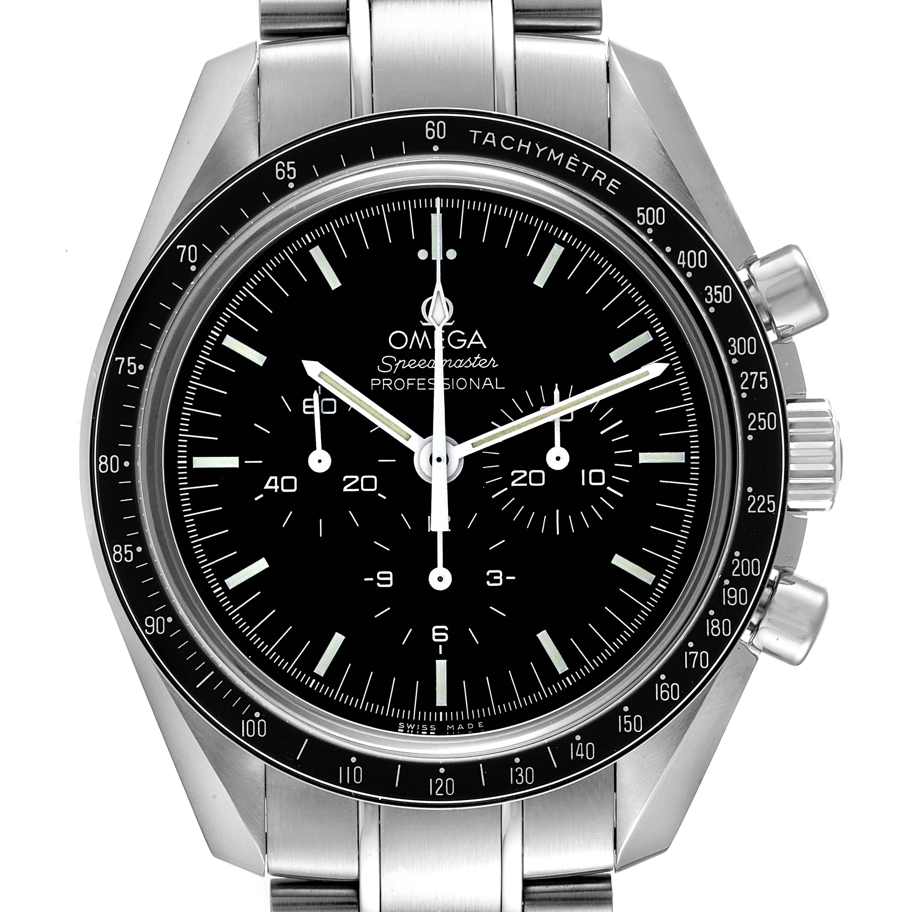The image shows the front view of the Omega Speedmaster 311.30.42.30.01.006 Men
s Stainless Steel Black Dial 311.30.42.30.01.006 Men
s Stainless Steel Black Dial watch, highlighting its dial, tachymeter bezel, and pushers.