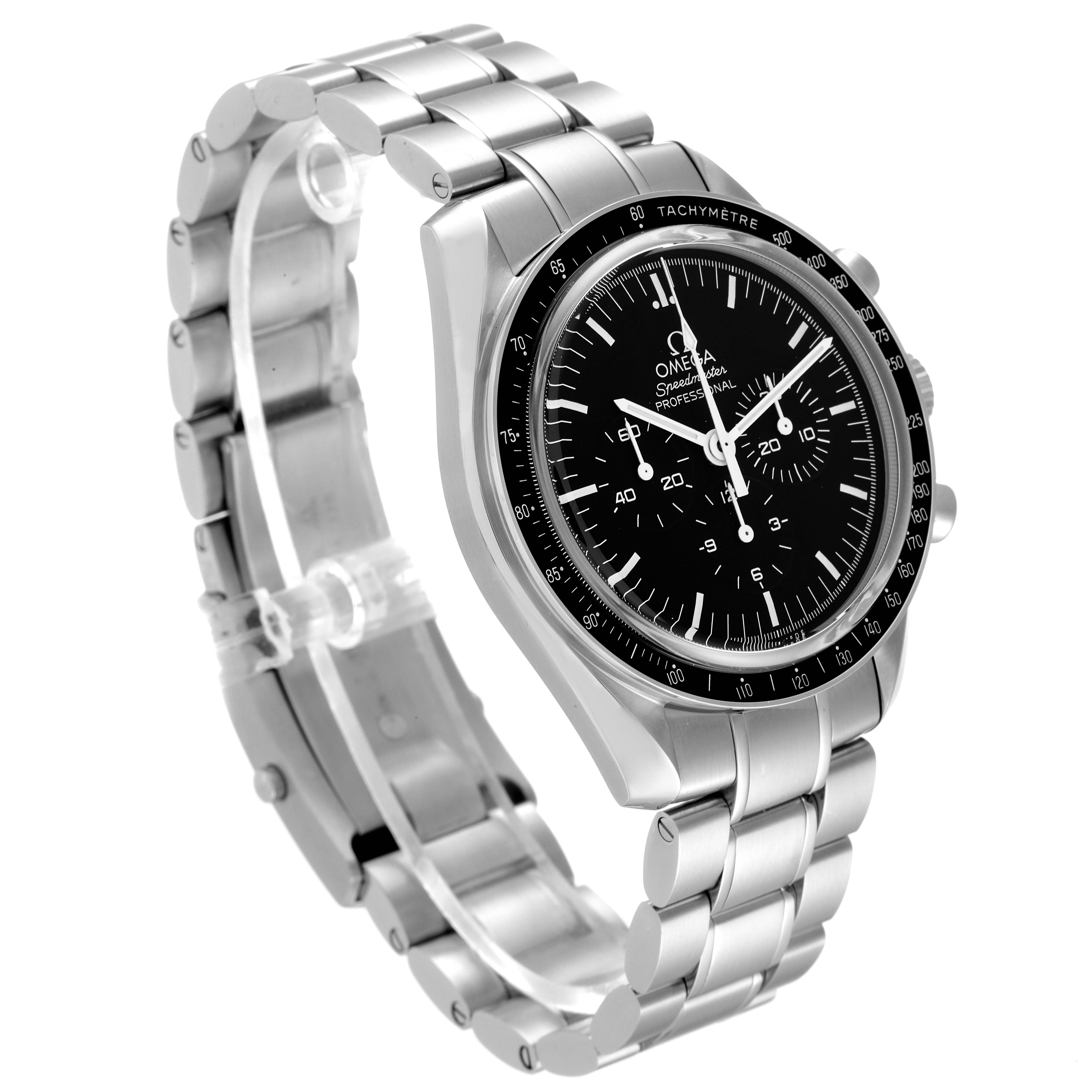 The Omega Speedmaster 311.30.42.30.01.006 Men
s Stainless Steel Black Dial 311.30.42.30.01.006 Men
s Stainless Steel Black Dial watch is shown at an oblique angle, highlighting its stainless steel bracelet and black dial with tachymeter bezel.