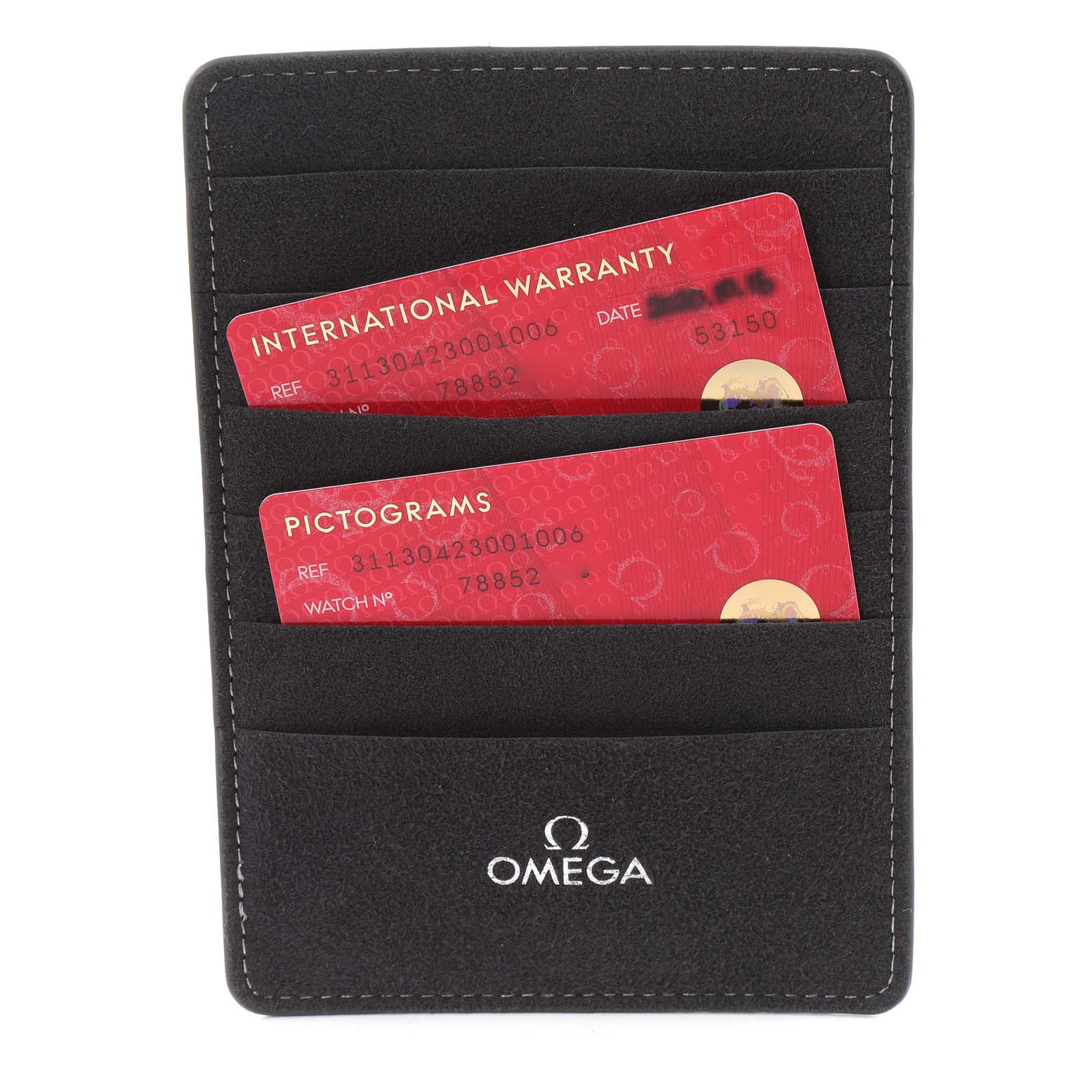 The image shows Omega Speedmaster 311.30.42.30.01.006 Men
s Stainless Steel Black Dial 311.30.42.30.01.006 Men
s Stainless Steel Black Dial warranty and pictogram cards in a black Omega cardholder, viewed from the front.