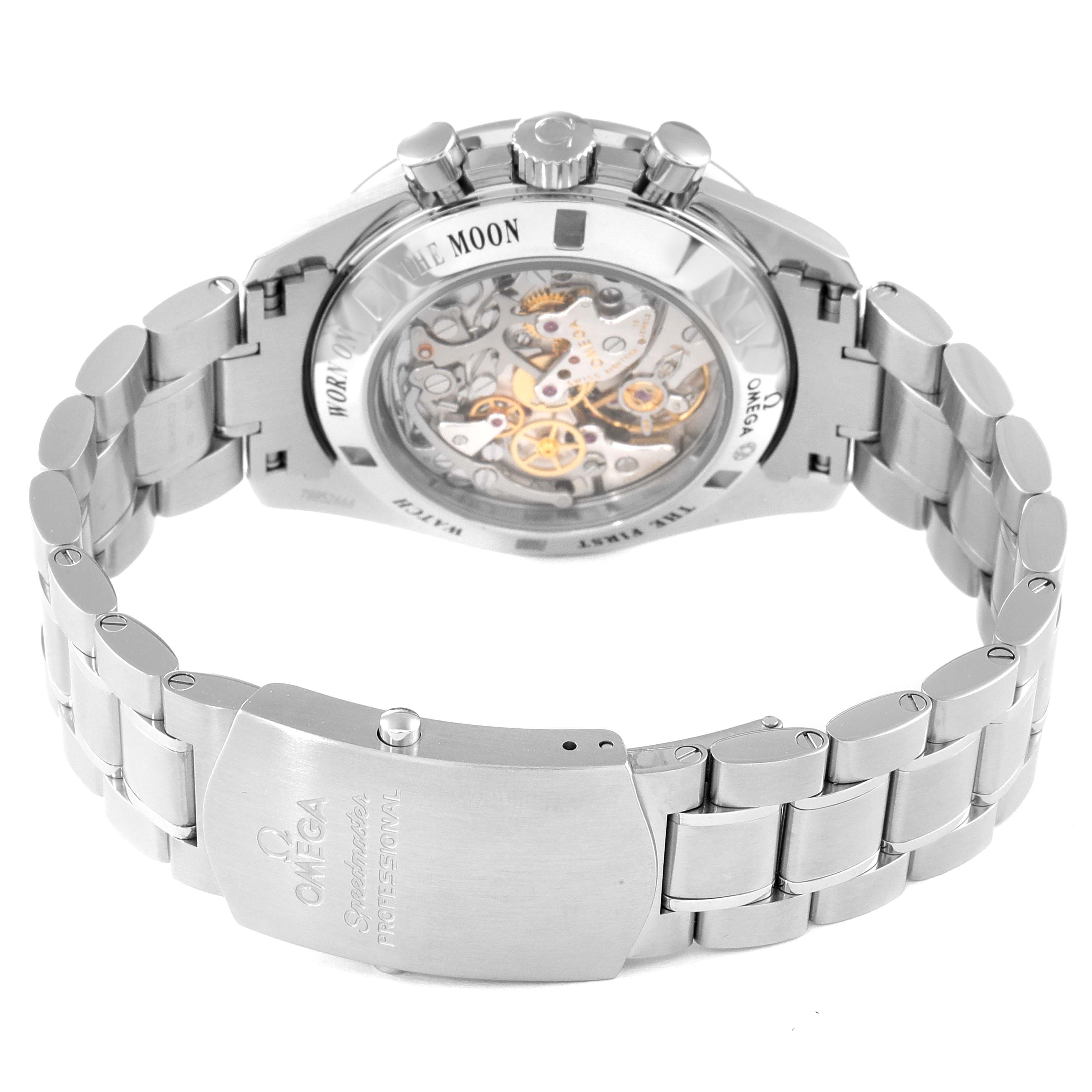 This image shows the back view of the Omega Speedmaster 311.30.42.30.01.006 Men
s Stainless Steel Black Dial 311.30.42.30.01.006 Men
s Stainless Steel Black Dial watch, highlighting its movement and the stainless steel bracelet.