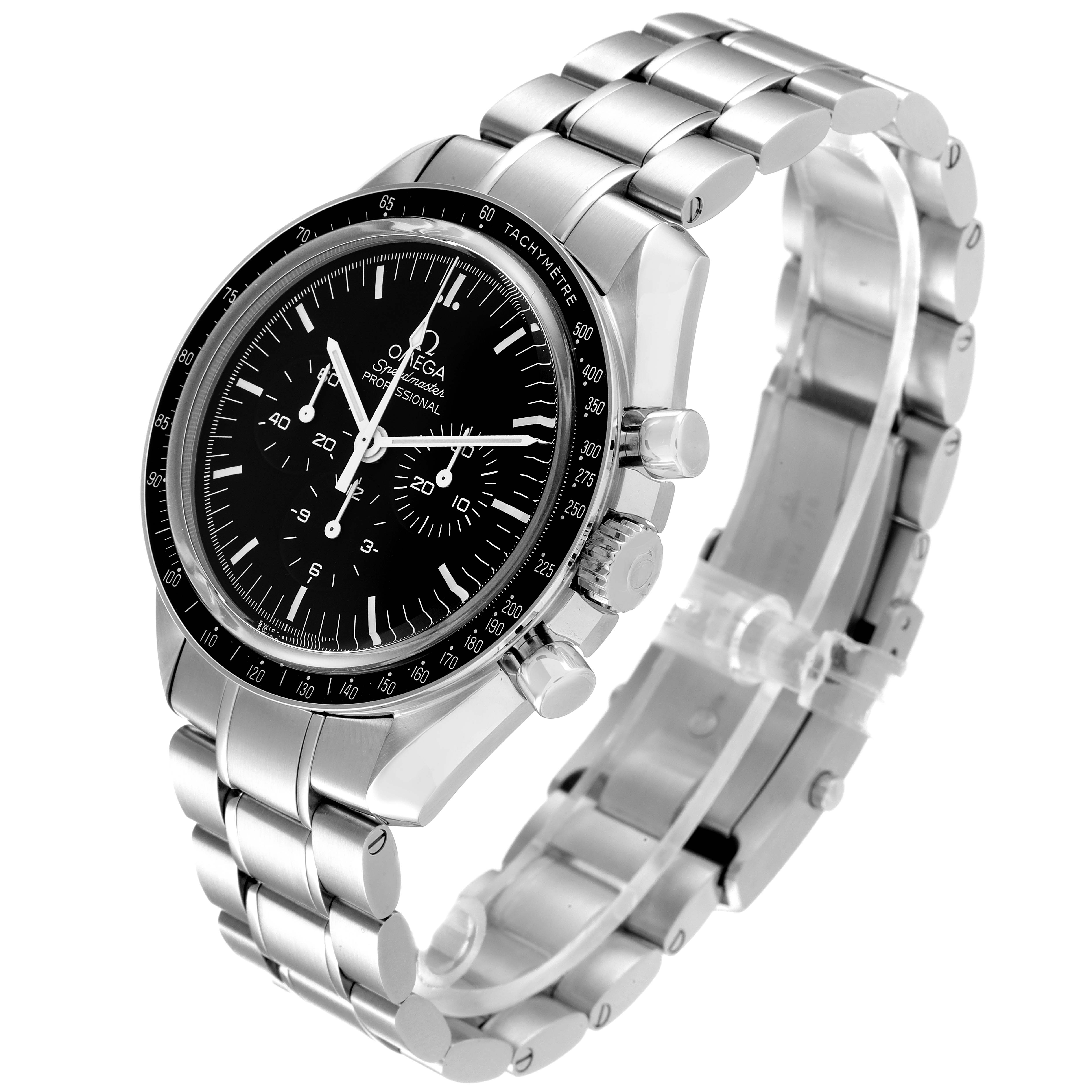 The Omega Speedmaster 311.30.42.30.01.006 Men
s Stainless Steel Black Dial 311.30.42.30.01.006 Men
s Stainless Steel Black Dial watch is shown at a three-quarter angle showcasing its black dial, bezel, and stainless steel bracelet.