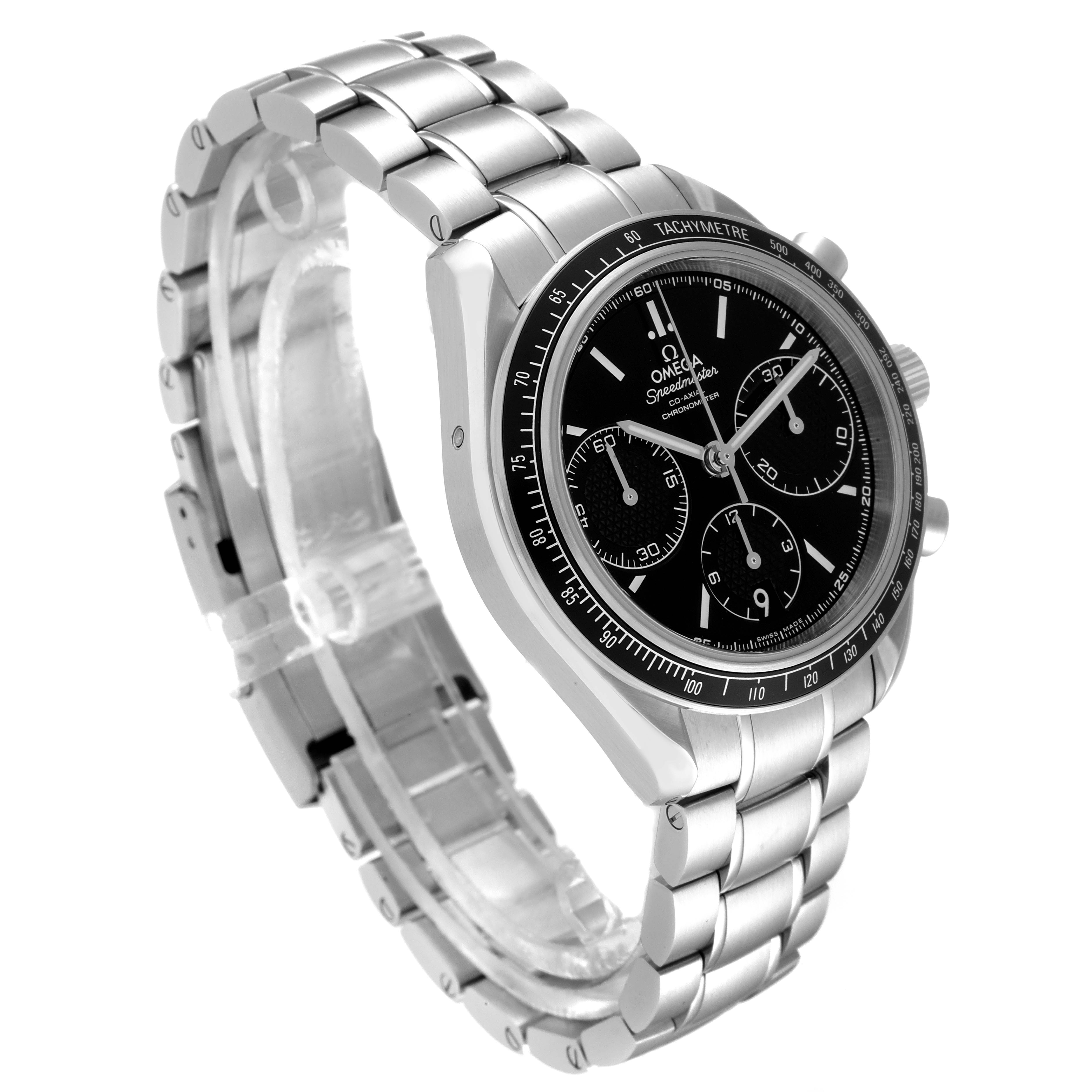 The image shows an Omega Speedmaster 326.30.40.50.01.001 Men
s Stainless Steel Black Dial 326.30.40.50.01.001 Men
s Stainless Steel Black Dial watch angled from the front right, highlighting its dial, bezel, and stainless steel bracelet.