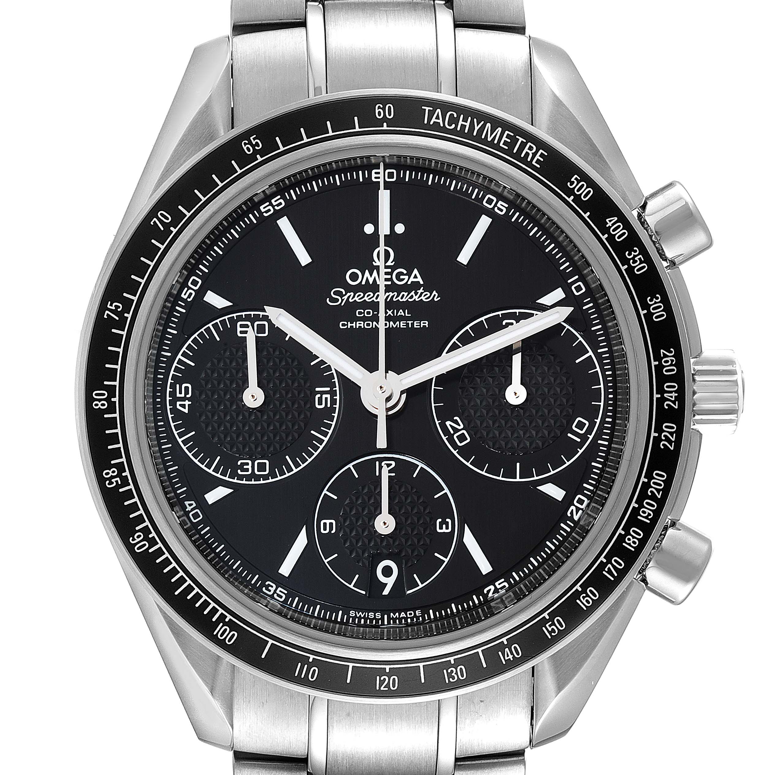 The image shows a front view of an Omega Speedmaster 326.30.40.50.01.001 Men
s Stainless Steel Black Dial 326.30.40.50.01.001 Men
s Stainless Steel Black Dial watch, highlighting the dial, tachymeter bezel, and chronograph sub-dials.