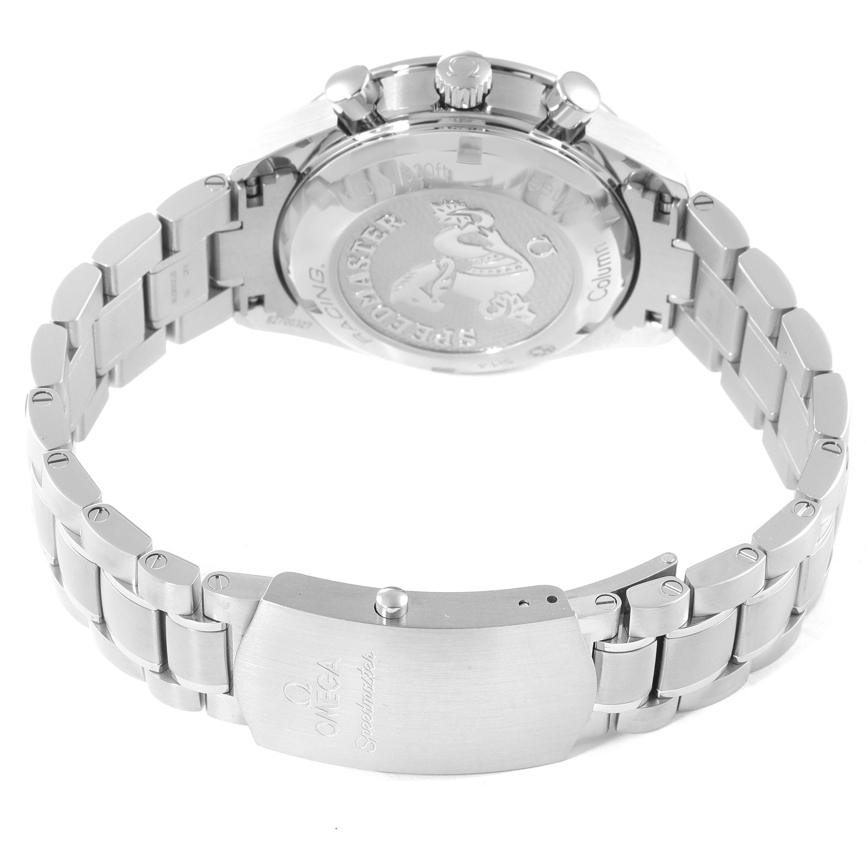 The image shows the back view of an Omega Speedmaster 326.30.40.50.01.001 Men
s Stainless Steel Black Dial 326.30.40.50.01.001 Men
s Stainless Steel Black Dial watch, highlighting the case back, crown, and stainless steel bracelet.