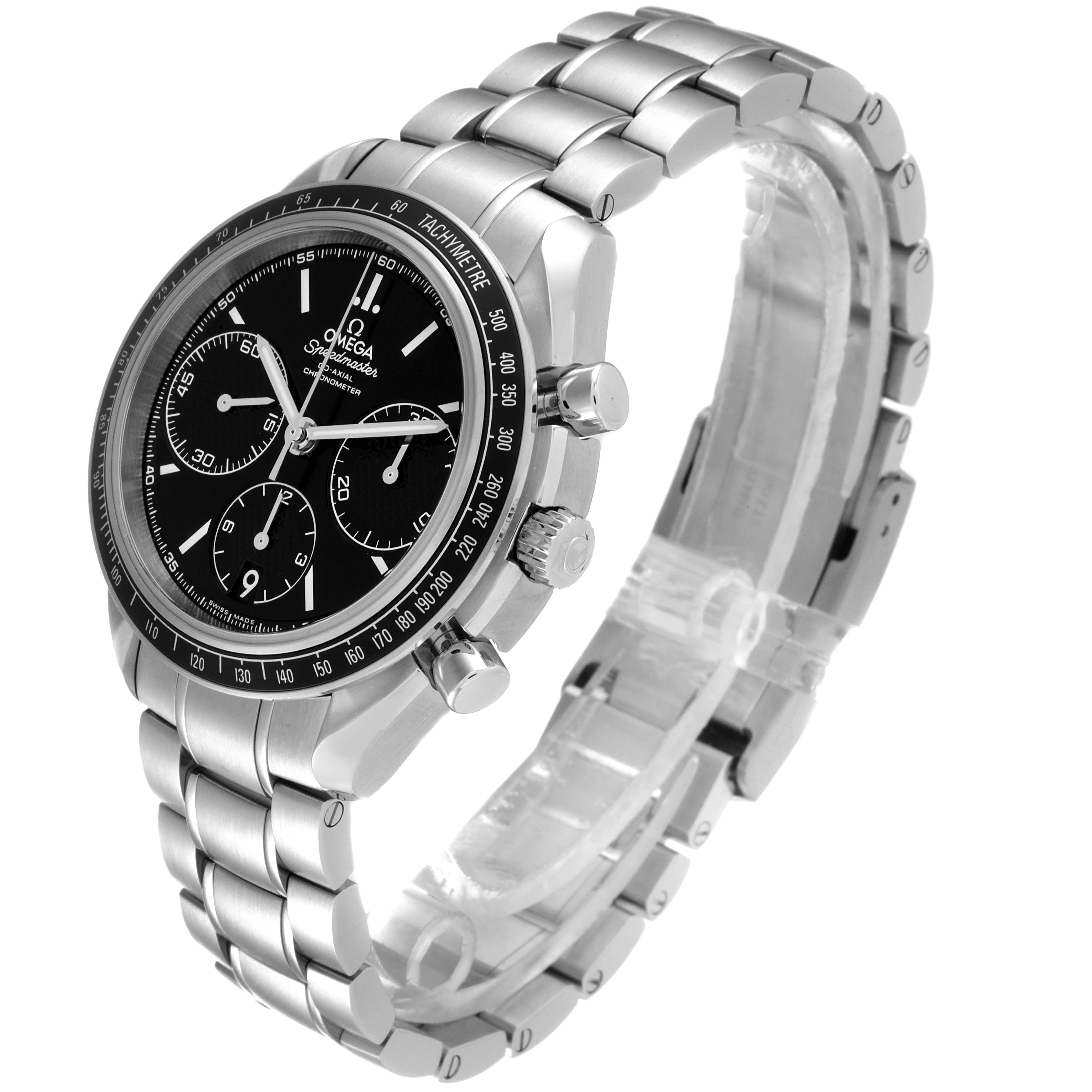 The image shows an Omega Speedmaster 326.30.40.50.01.001 Men
s Stainless Steel Black Dial 326.30.40.50.01.001 Men
s Stainless Steel Black Dial watch at a slight angle, displaying the face, bezel, pushers, and metal bracelet.