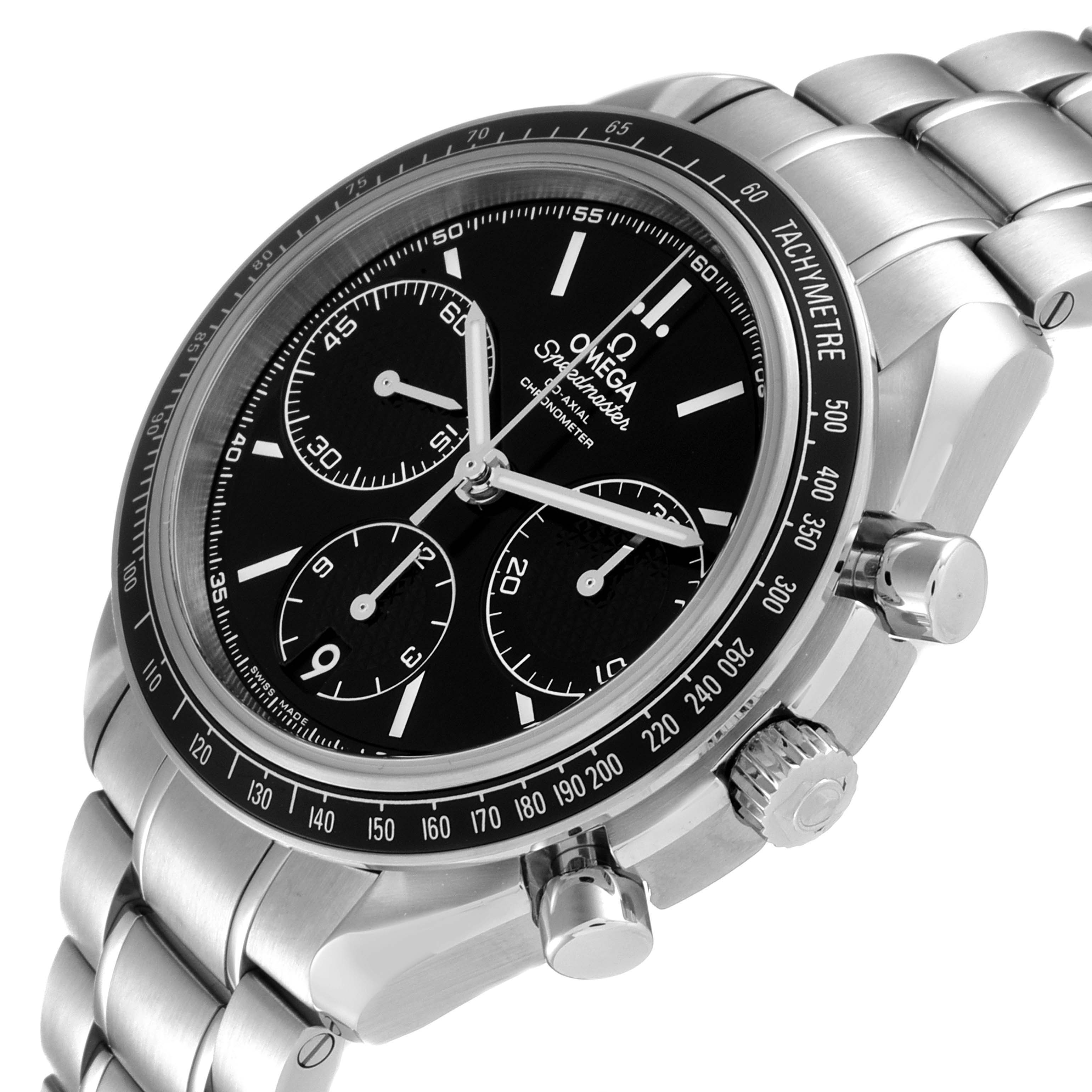 The image shows a side angle view of an Omega Speedmaster 326.30.40.50.01.001 Men
s Stainless Steel Black Dial 326.30.40.50.01.001 Men
s Stainless Steel Black Dial watch, highlighting the dial, tachymeter bezel, crown, and pushers.
