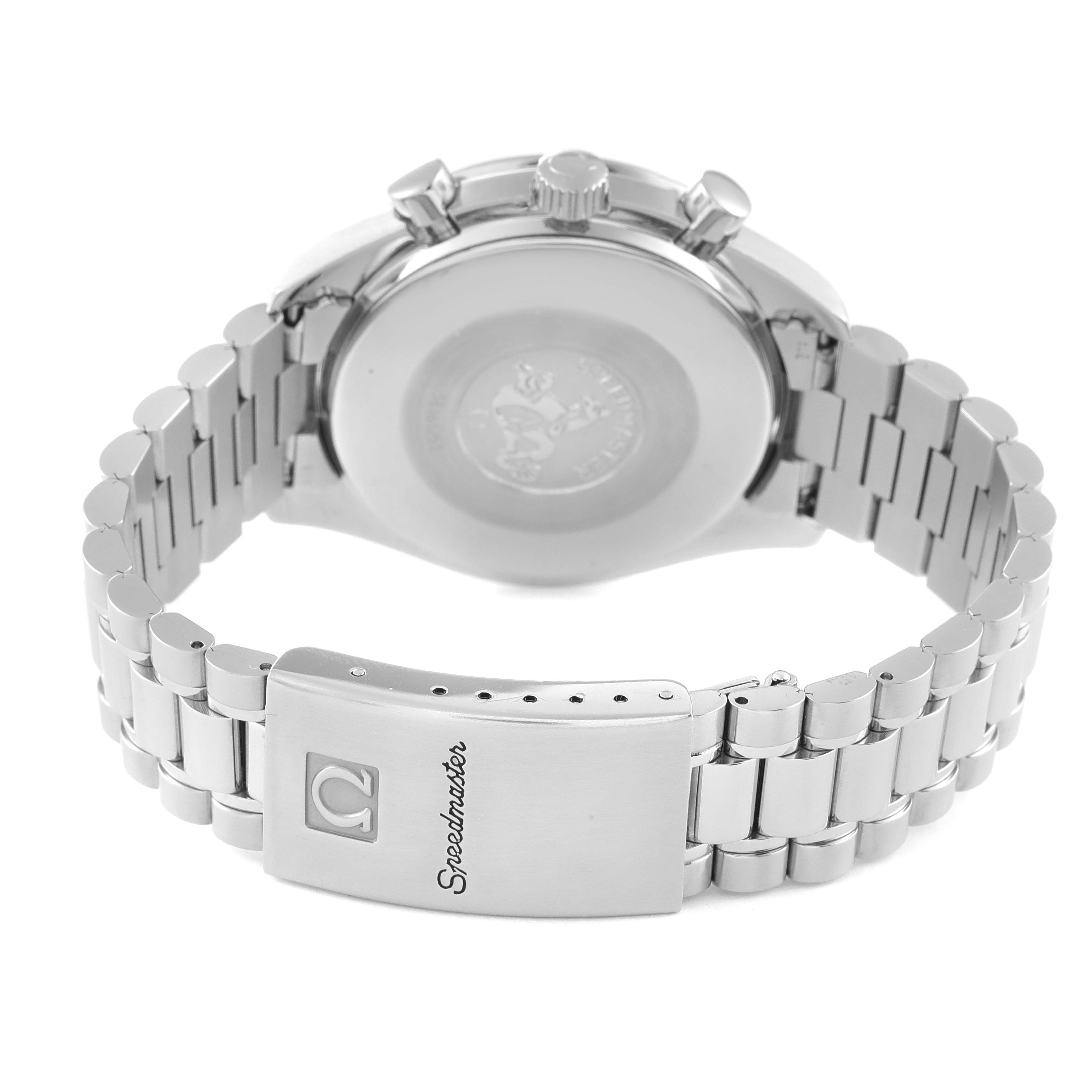 The Omega Speedmaster 3510.50.00 Men
s Stainless Steel Black Dial 3510.50.00 Men
s Stainless Steel Black Dial watch is shown from the back angle, highlighting the case back and metal bracelet with the clasp.