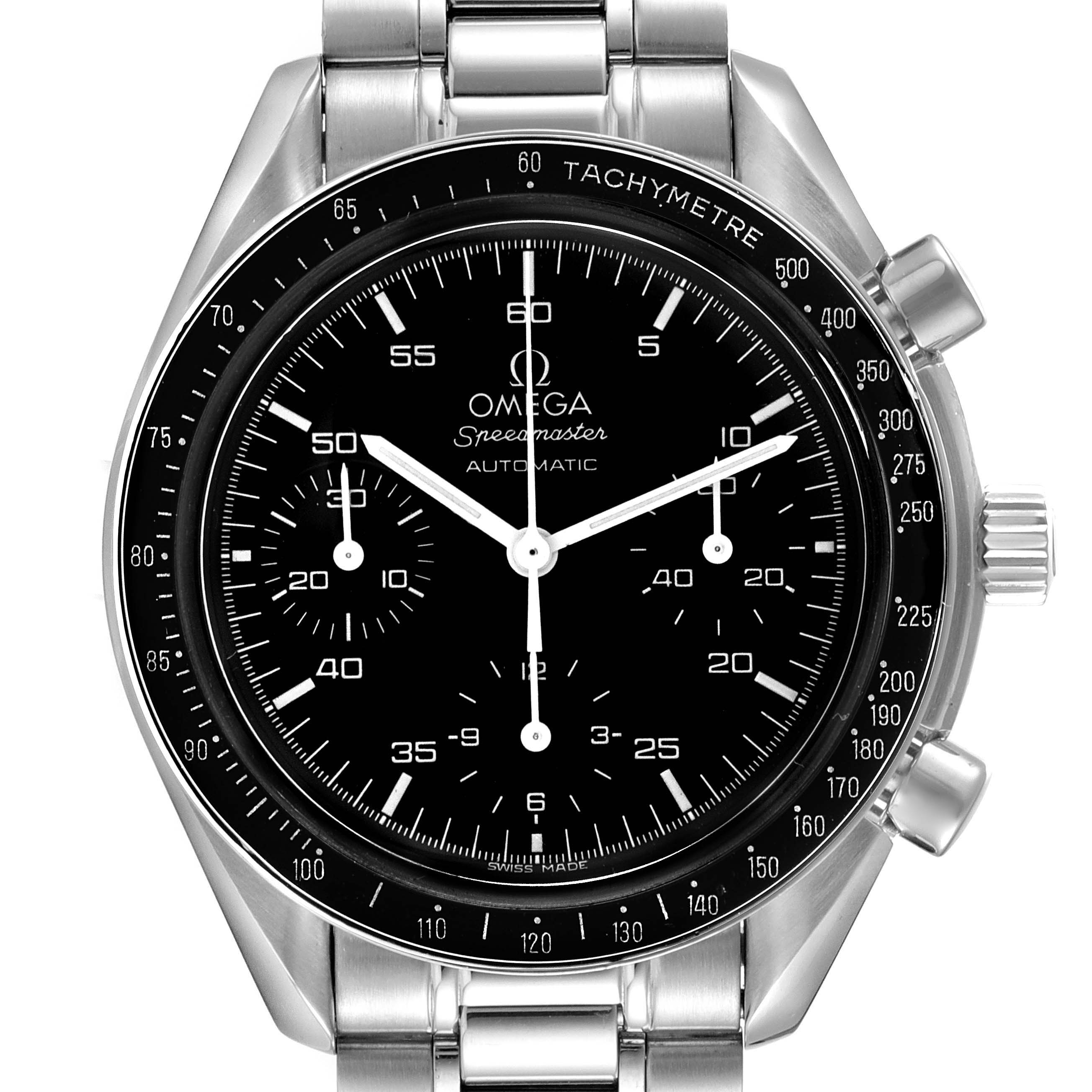 The image shows a front view of the Omega Speedmaster 3510.50.00 Men
s Stainless Steel Black Dial 3510.50.00 Men
s Stainless Steel Black Dial watch, highlighting its black dial, chronograph subdials, tachymeter bezel, and stainless steel bracelet.