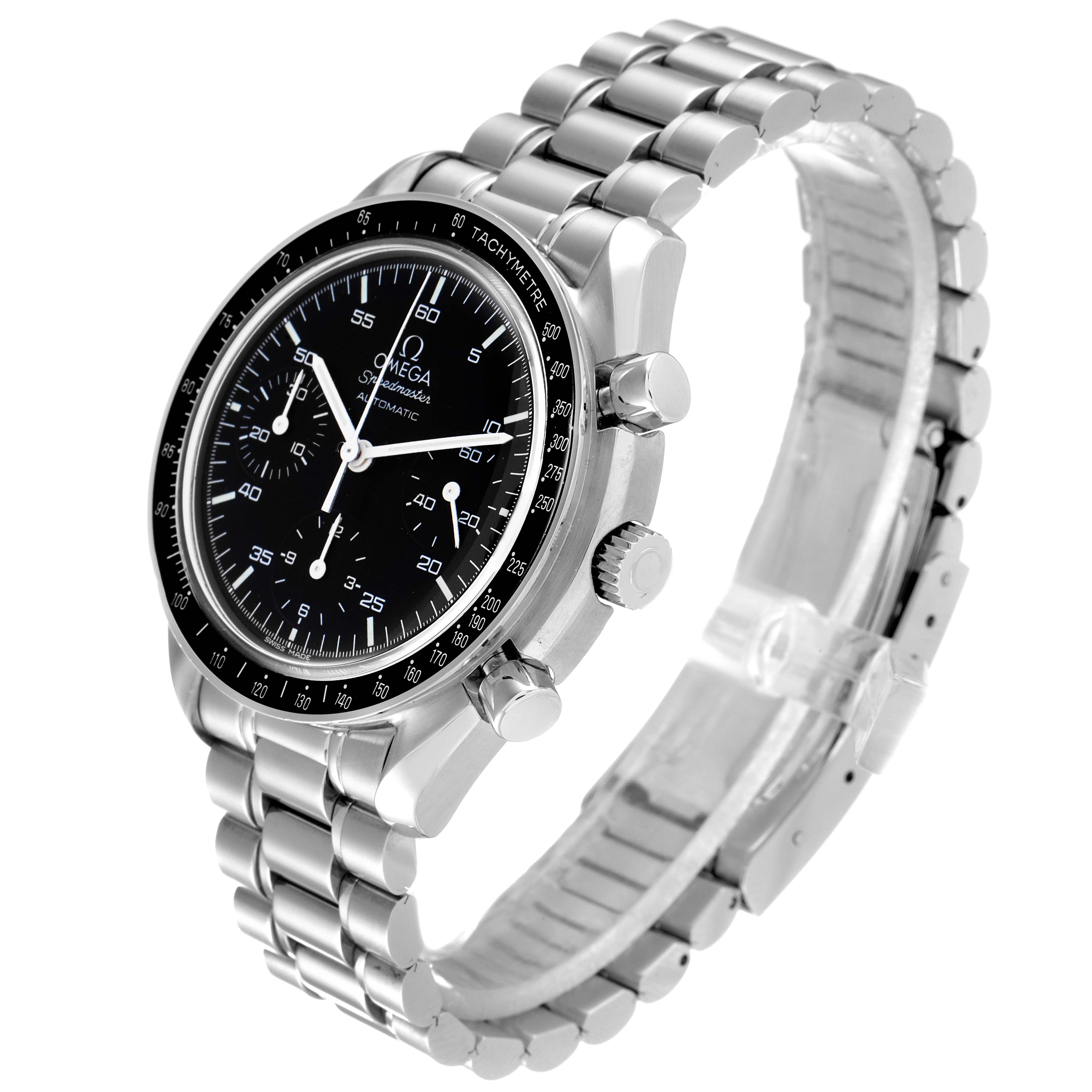 The Omega Speedmaster 3510.50.00 Men
s Stainless Steel Black Dial 3510.50.00 Men
s Stainless Steel Black Dial watch is shown from an angled side view, highlighting the black dial, bezel, pushers, crown, and metal bracelet.