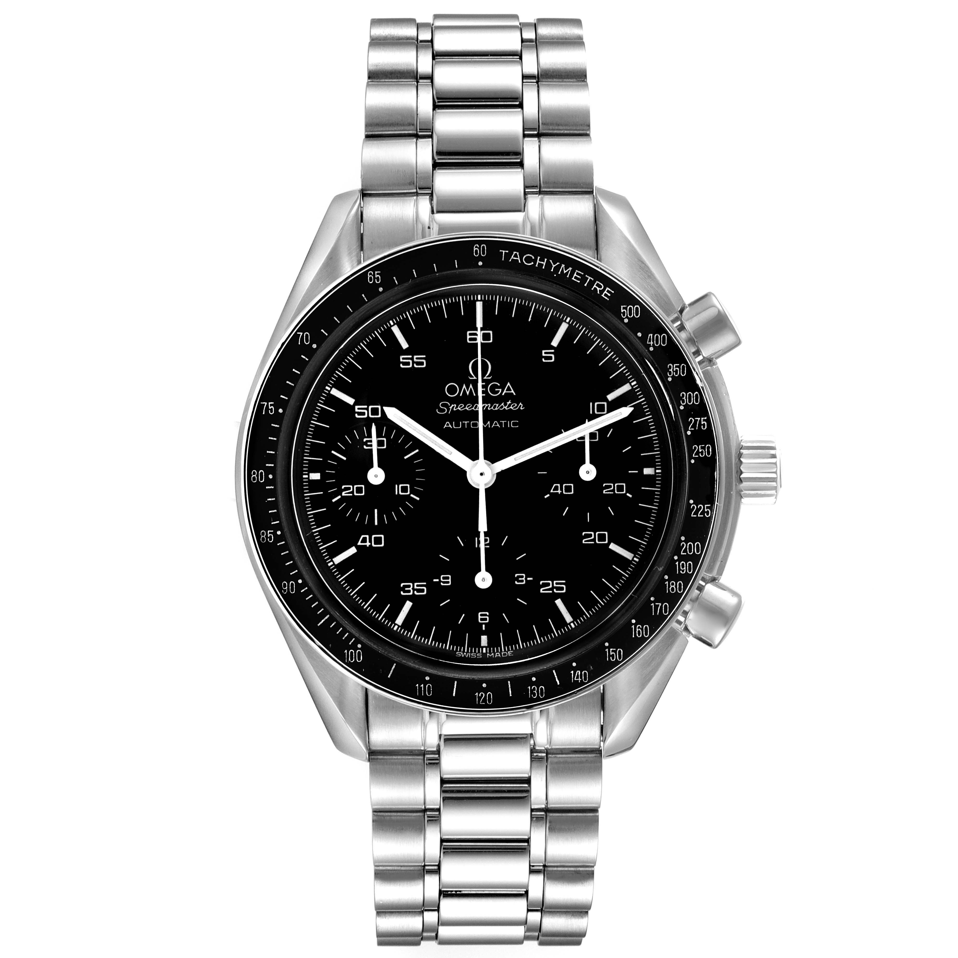 The image shows a front view of the Omega Speedmaster 3510.50.00 Men
s Stainless Steel Black Dial 3510.50.00 Men
s Stainless Steel Black Dial watch, displaying the face, bezel, and bracelet.