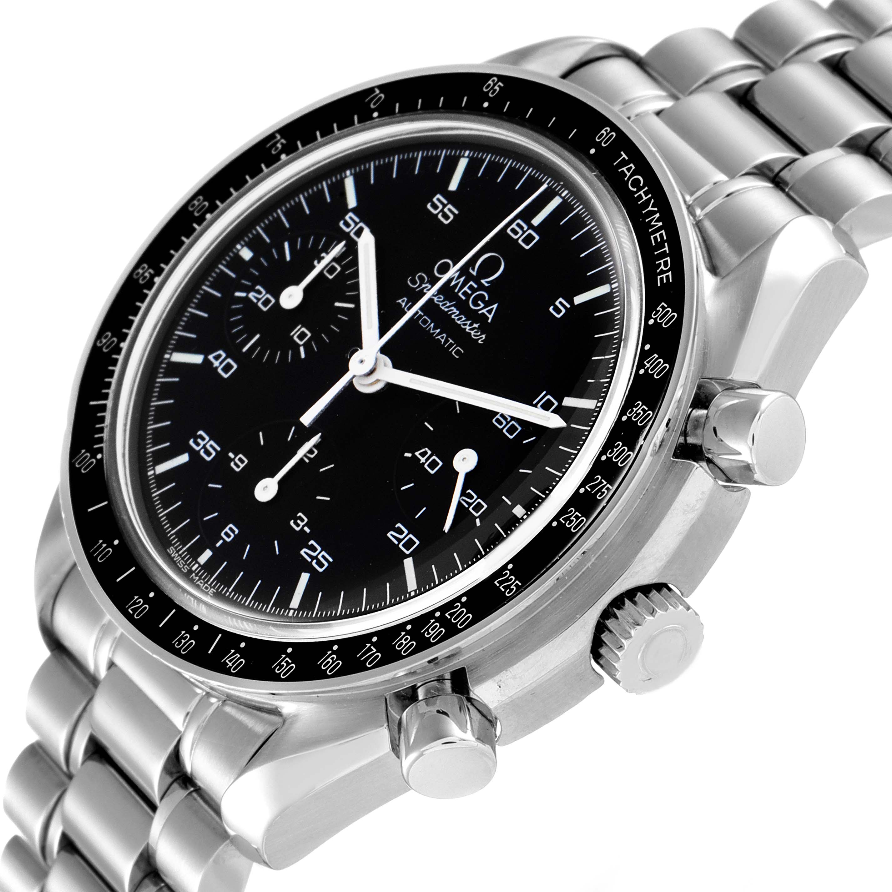 This image shows the face, bezel, and part of the bracelet of the Omega Speedmaster 3510.50.00 Men
s Stainless Steel Black Dial 3510.50.00 Men
s Stainless Steel Black Dial watch from an angled view.