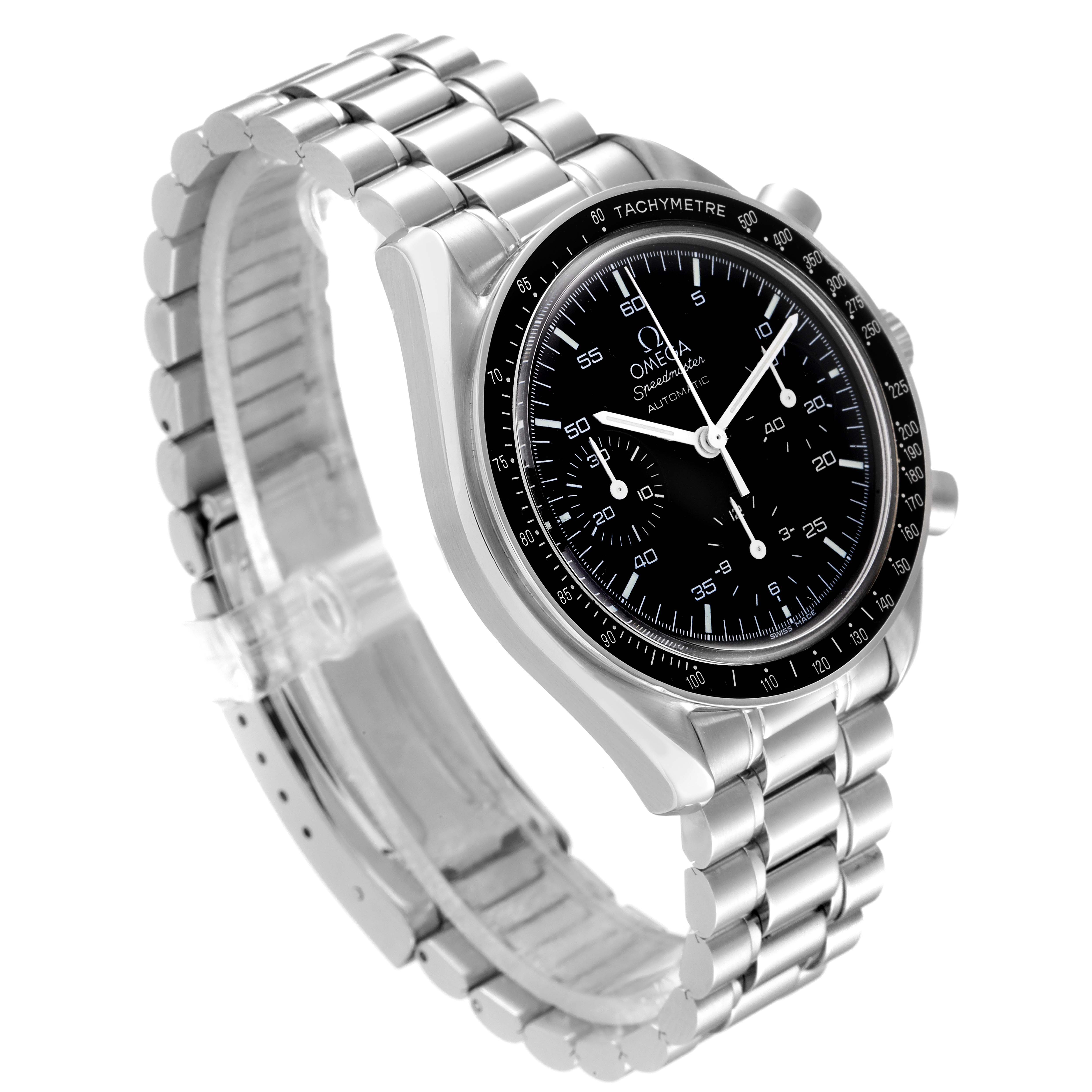 This image shows the Omega Speedmaster 3510.50.00 Men
s Stainless Steel Black Dial 3510.50.00 Men
s Stainless Steel Black Dial watch from a three-quarter angle, highlighting its stainless steel bracelet and black dial.