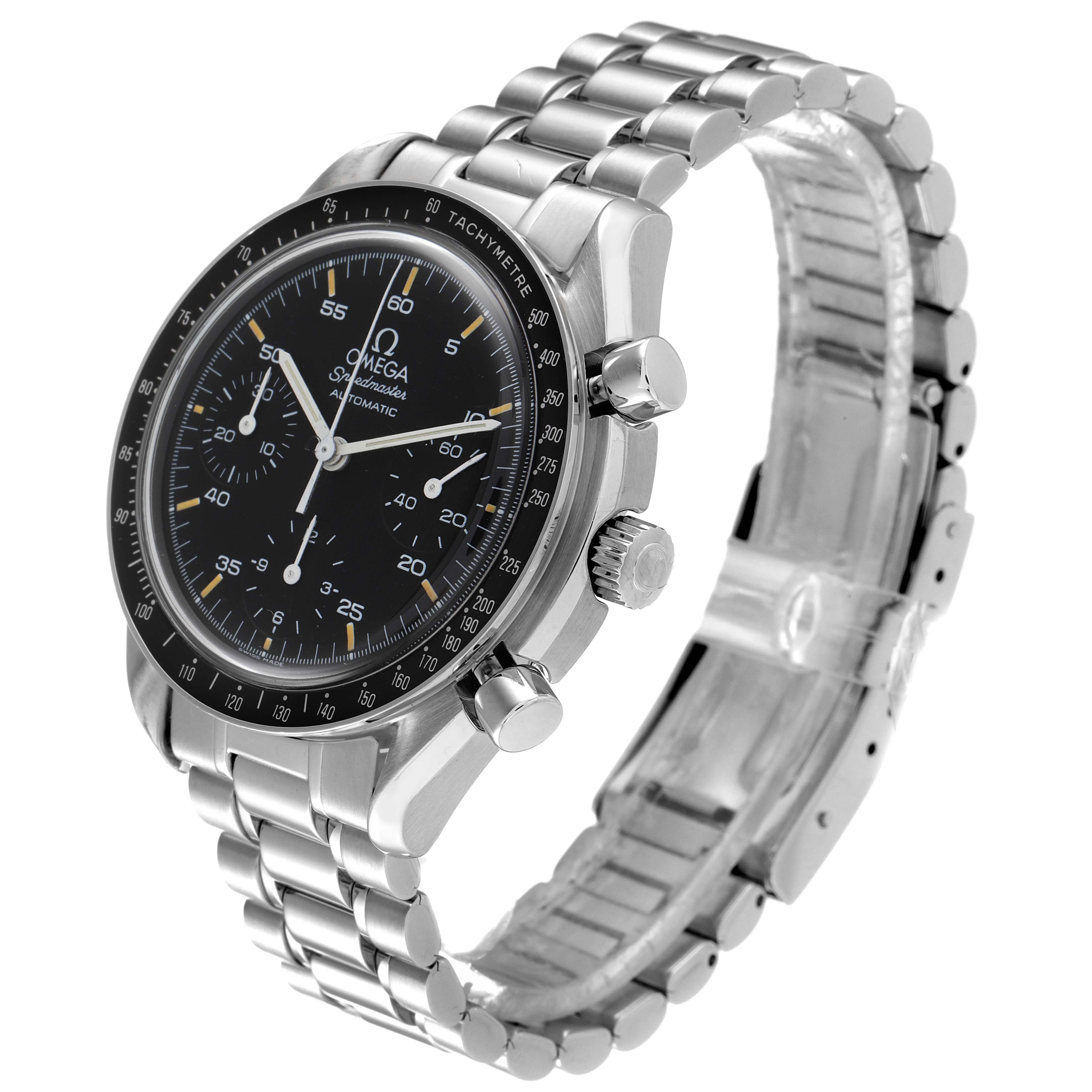 The Omega Speedmaster 3510.50.00 Men
s Stainless Steel Black Dial 3510.50.00 Men
s Stainless Steel Black Dial watch is shown at a slight angle, highlighting its face, crown, pushers, and metal bracelet.