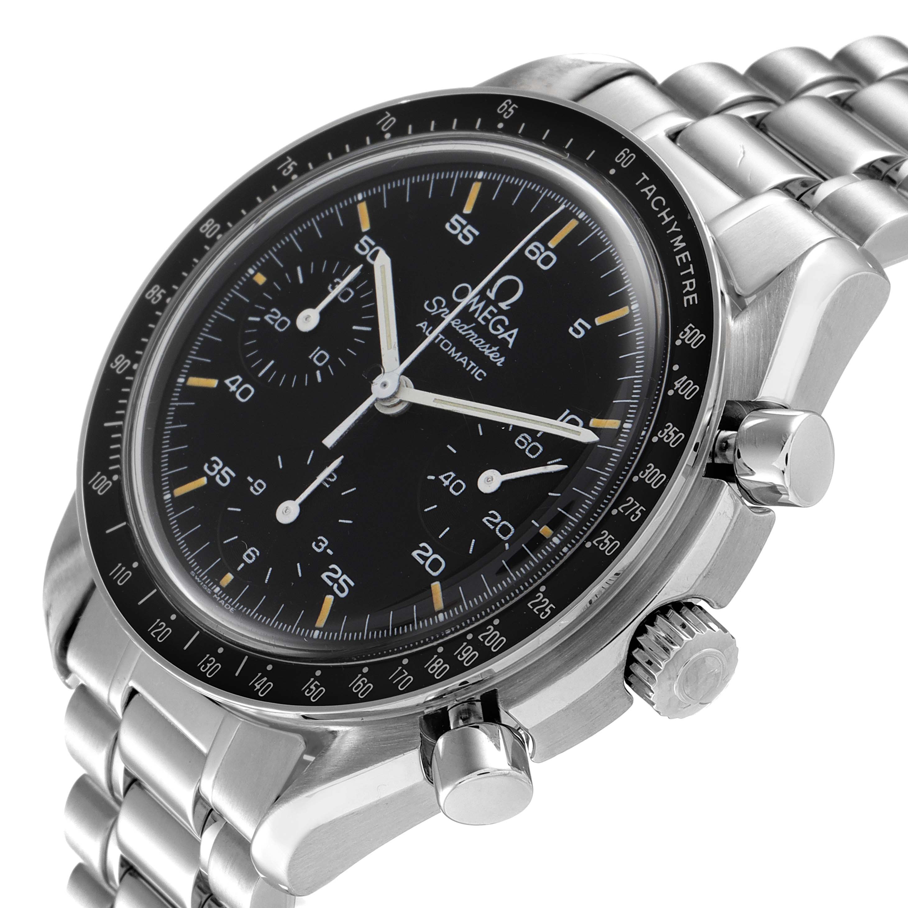 The image shows a close-up, angled view of the Omega Speedmaster 3510.50.00 Men
s Stainless Steel Black Dial 3510.50.00 Men
s Stainless Steel Black Dial watch face, bezel, and crown.