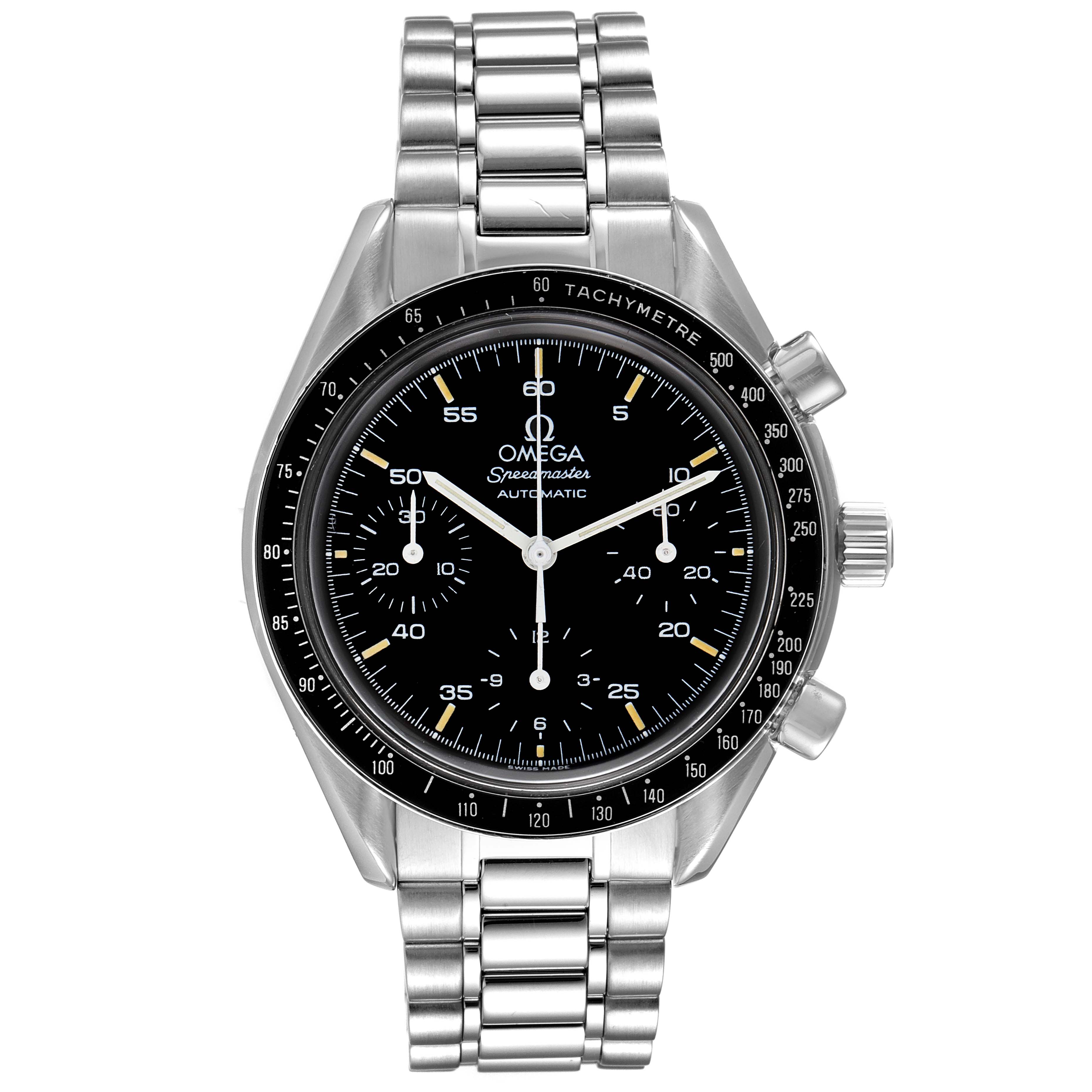 The image shows a front view of an Omega Speedmaster 3510.50.00 Men
s Stainless Steel Black Dial 3510.50.00 Men
s Stainless Steel Black Dial watch with a stainless steel bracelet and black dial.