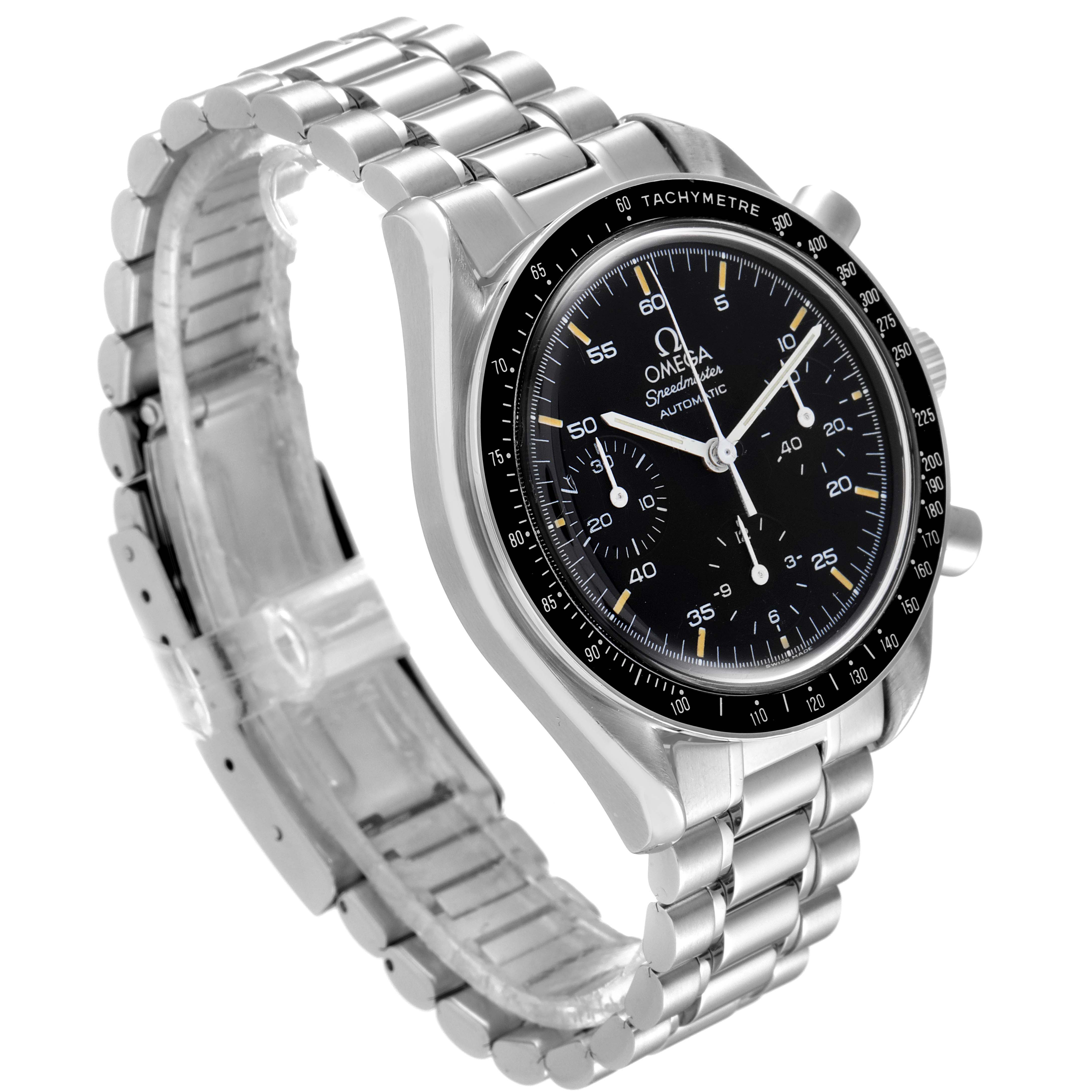 The image shows a side angle of an Omega Speedmaster 3510.50.00 Men
s Stainless Steel Black Dial 3510.50.00 Men
s Stainless Steel Black Dial watch with a stainless steel bracelet and tachymeter bezel.