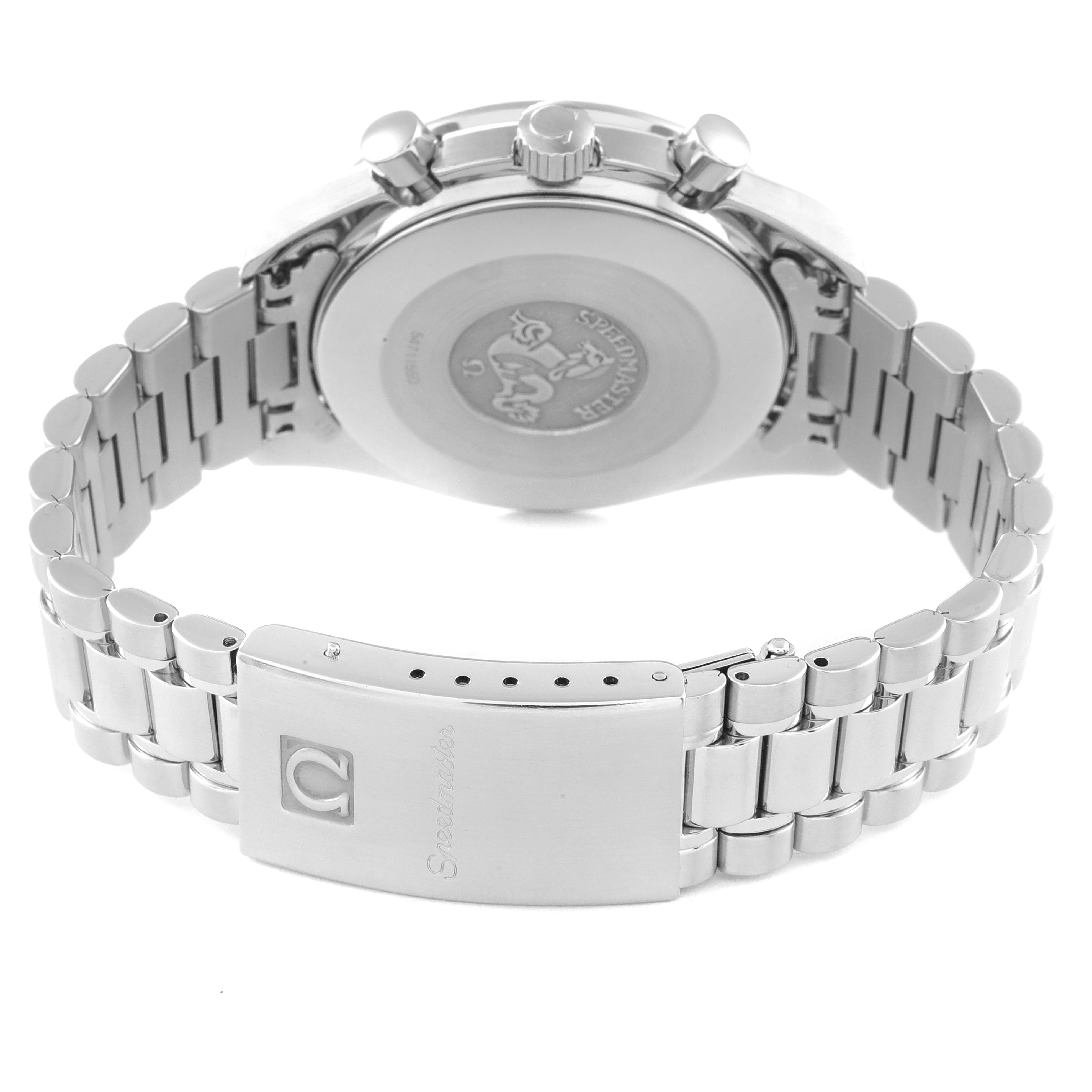 The image shows the back view and clasp of an Omega Speedmaster 3510.50.00 Men
s Stainless Steel Black Dial 3510.50.00 Men
s Stainless Steel Black Dial watch, highlighting the bracelet and case back.