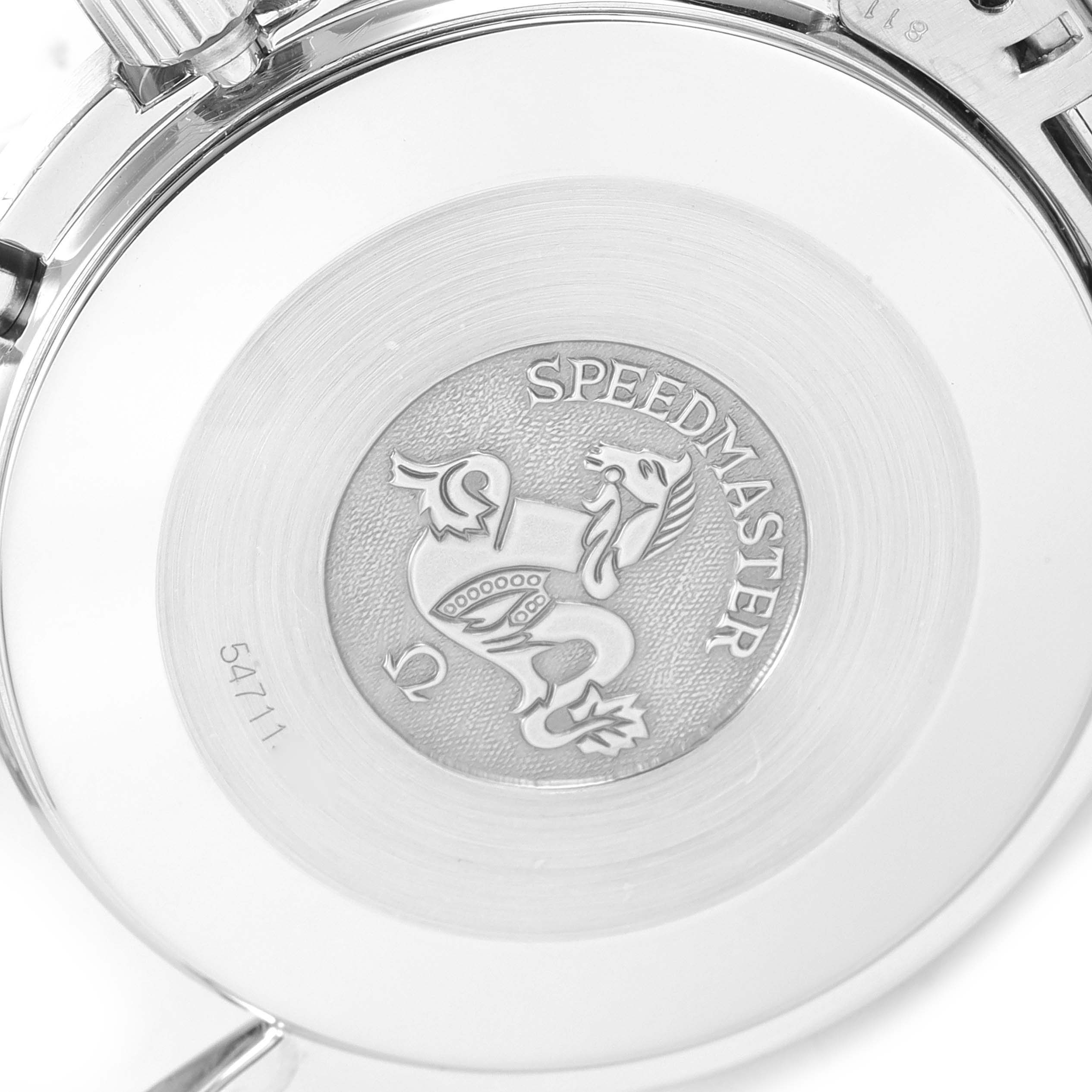 The image shows the case back of an Omega Speedmaster 3510.50.00 Men
s Stainless Steel Black Dial 3510.50.00 Men
s Stainless Steel Black Dial watch at a close-up angle.