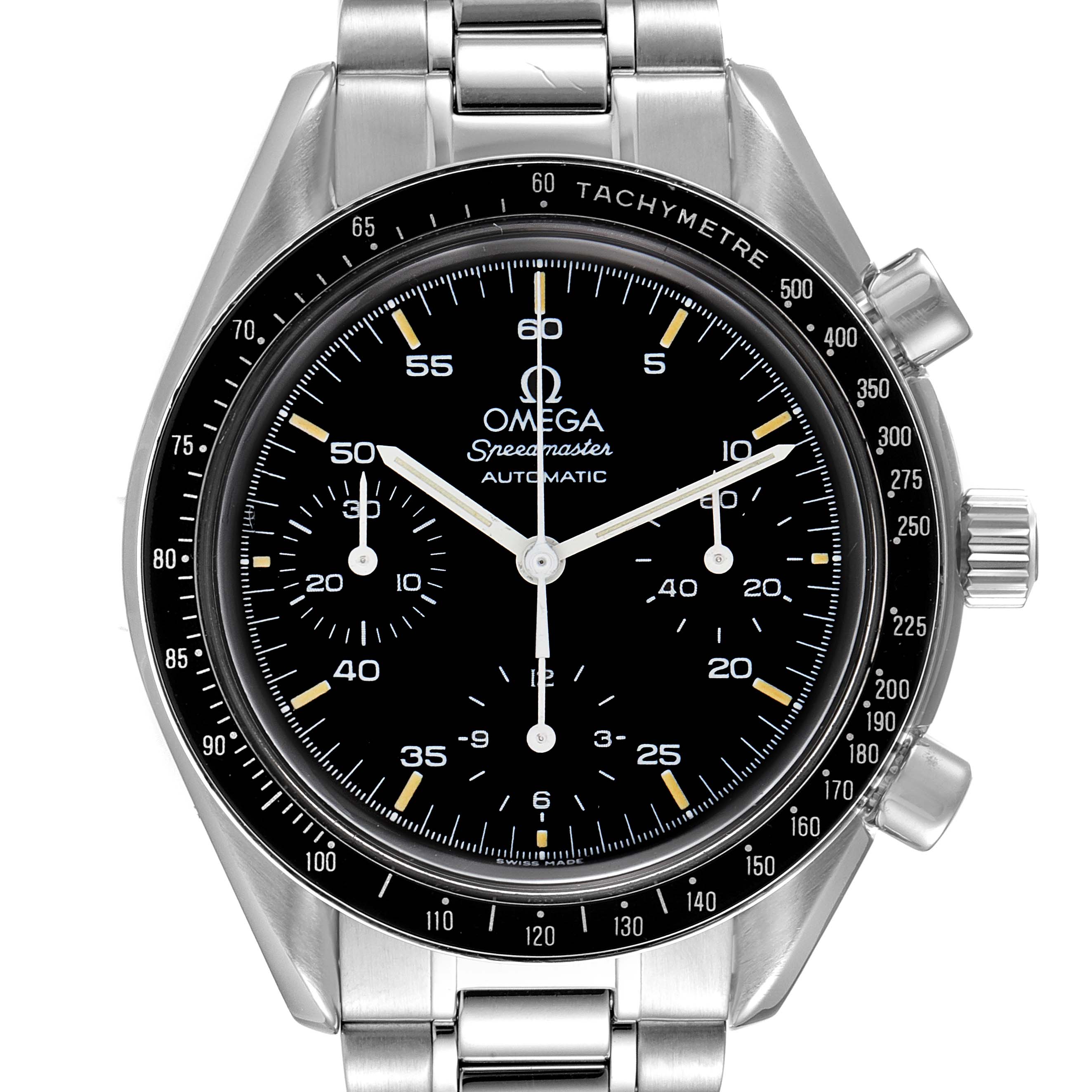 This Omega Speedmaster 3510.50.00 Men
s Stainless Steel Black Dial 3510.50.00 Men
s Stainless Steel Black Dial watch is shown from a front angle, highlighting its black dial, tachymetre bezel, and stainless steel bracelet.