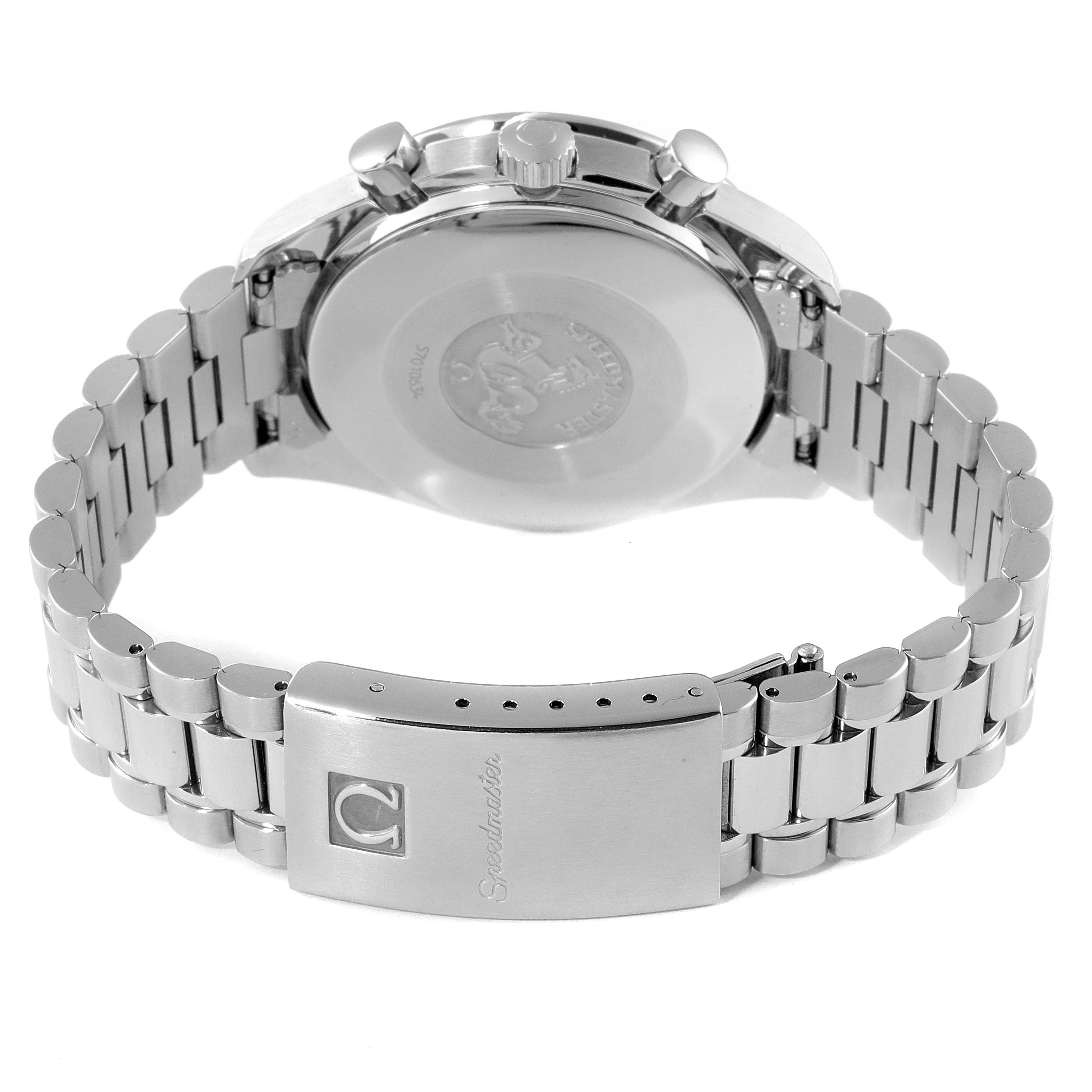The image shows the back view of the Omega Speedmaster 3510.61.00 Men's Stainless Steel Red Dial 3510.61.00 Men's Stainless Steel Red Dial watch, highlighting the clasp, bracelet, and crown.