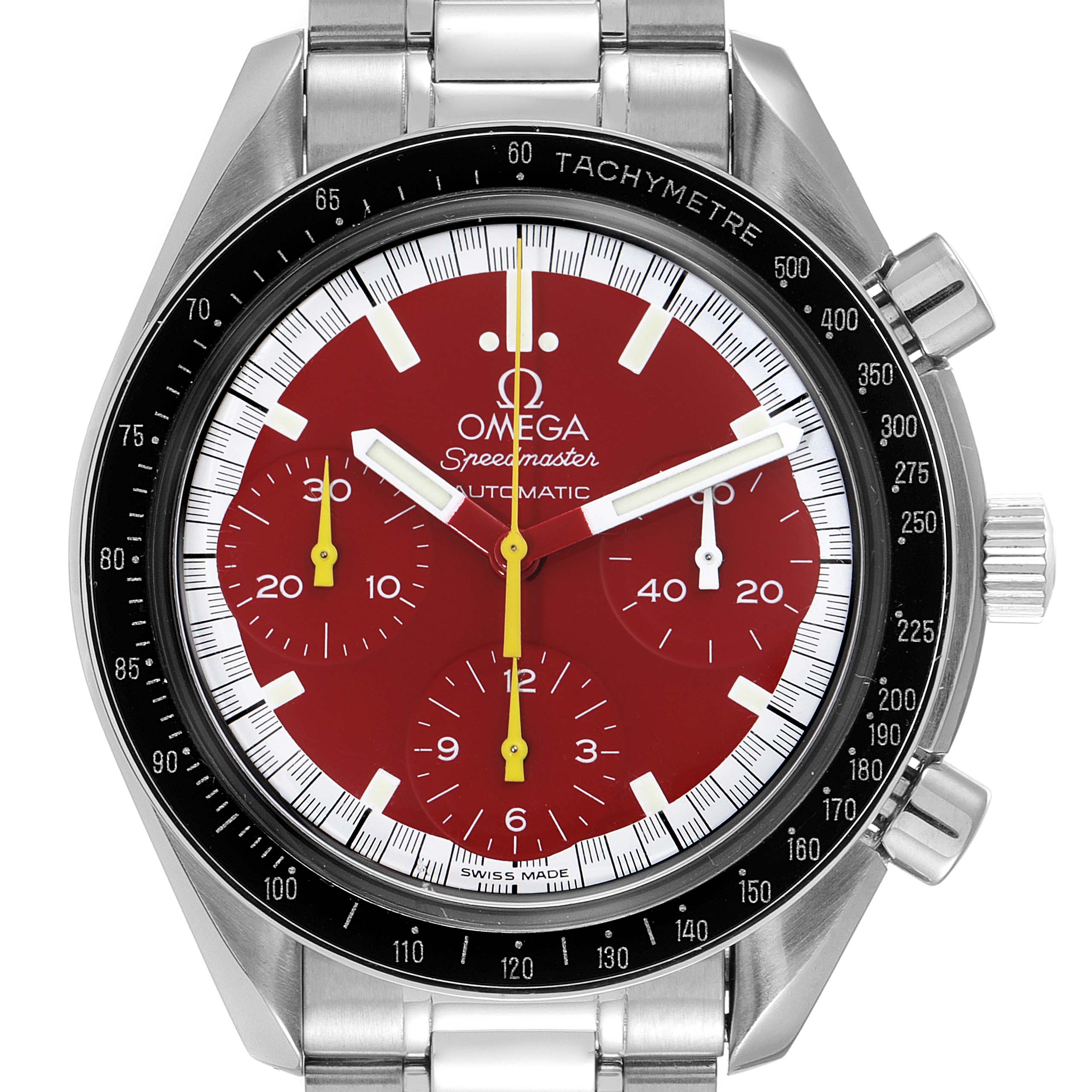 This image shows a front view of an Omega Speedmaster 3510.61.00 Men's Stainless Steel Red Dial 3510.61.00 Men's Stainless Steel Red Dial watch with a red dial, tachymeter bezel, and stainless steel band.