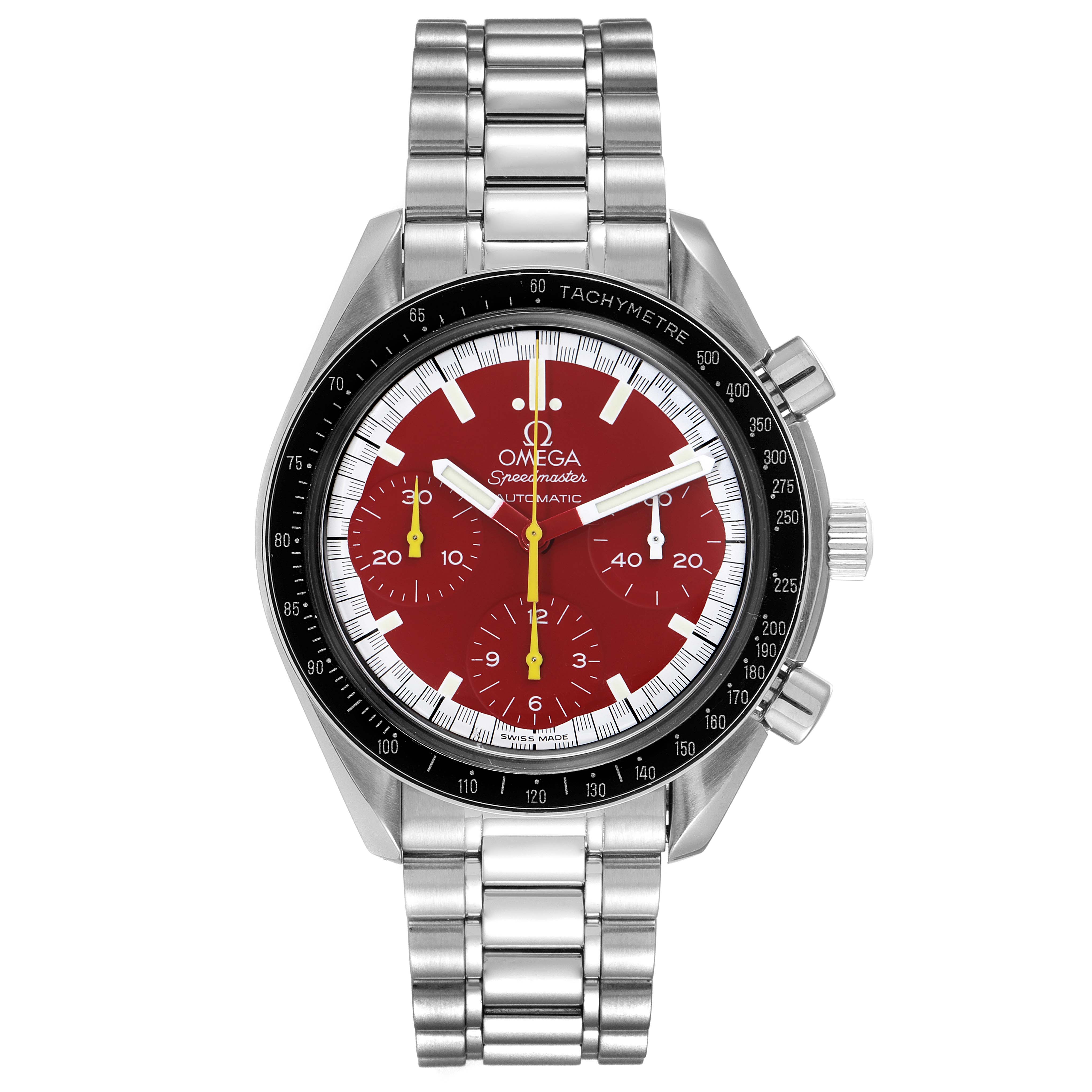 The image shows a front view of the Omega Speedmaster 3510.61.00 Men's Stainless Steel Red Dial 3510.61.00 Men's Stainless Steel Red Dial watch with a tachymeter bezel and red dial.