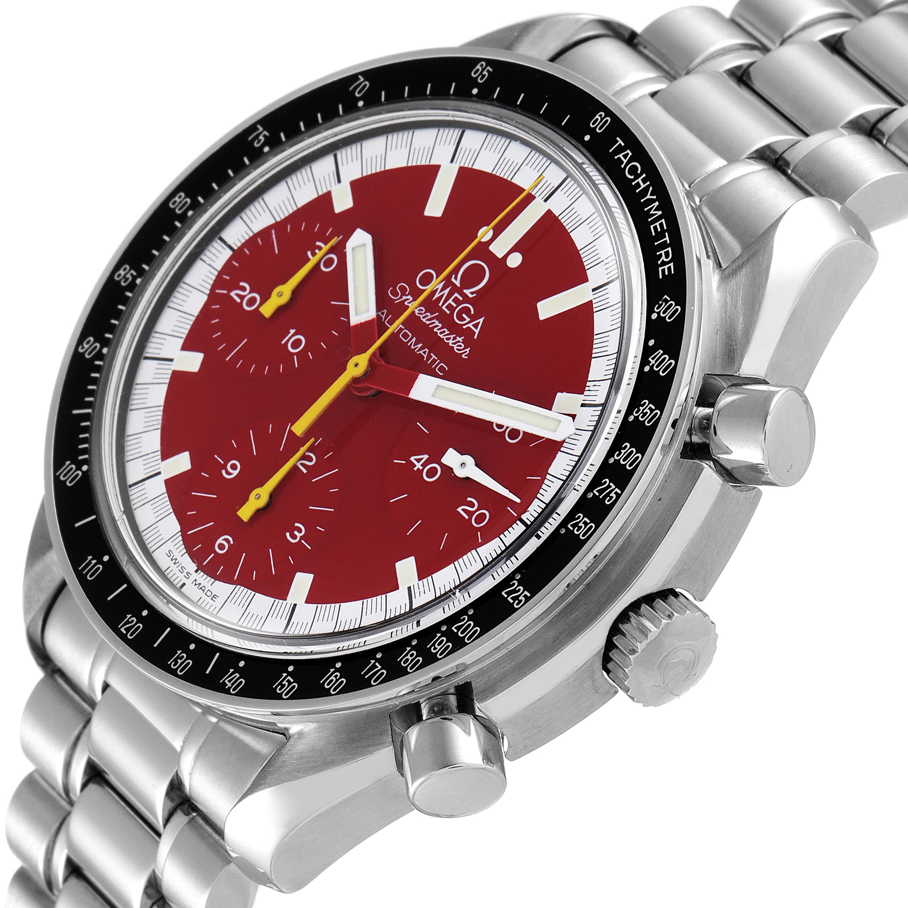 This is an angled close-up of an Omega Speedmaster 3510.61.00 Men's Stainless Steel Red Dial 3510.61.00 Men's Stainless Steel Red Dial watch, showing the dial, tachymeter bezel, and part of the stainless steel bracelet.