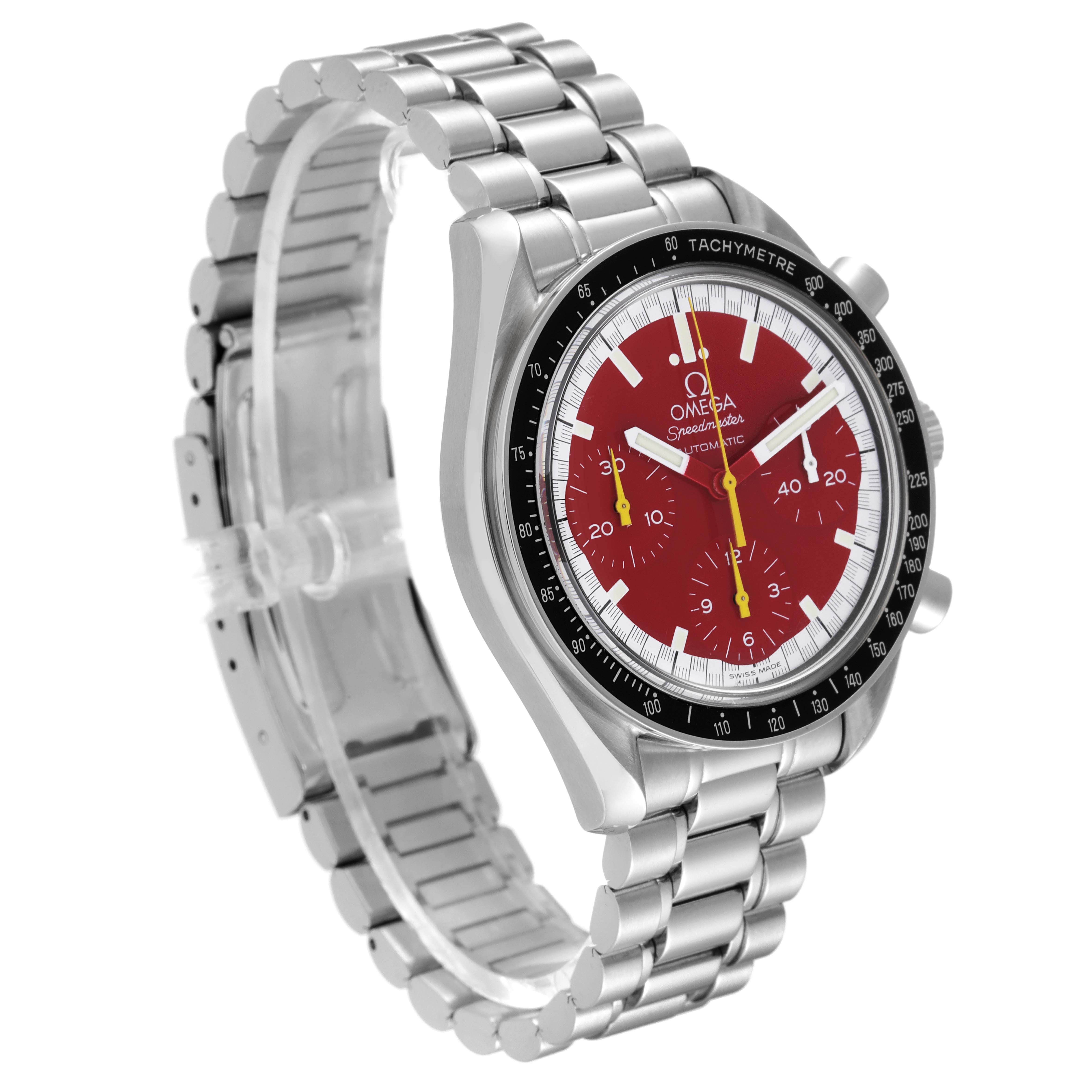 The Omega Speedmaster 3510.61.00 Men's Stainless Steel Red Dial 3510.61.00 Men's Stainless Steel Red Dial watch is shown in a three-quarter angle displaying its stainless steel bracelet and red chronograph dial.