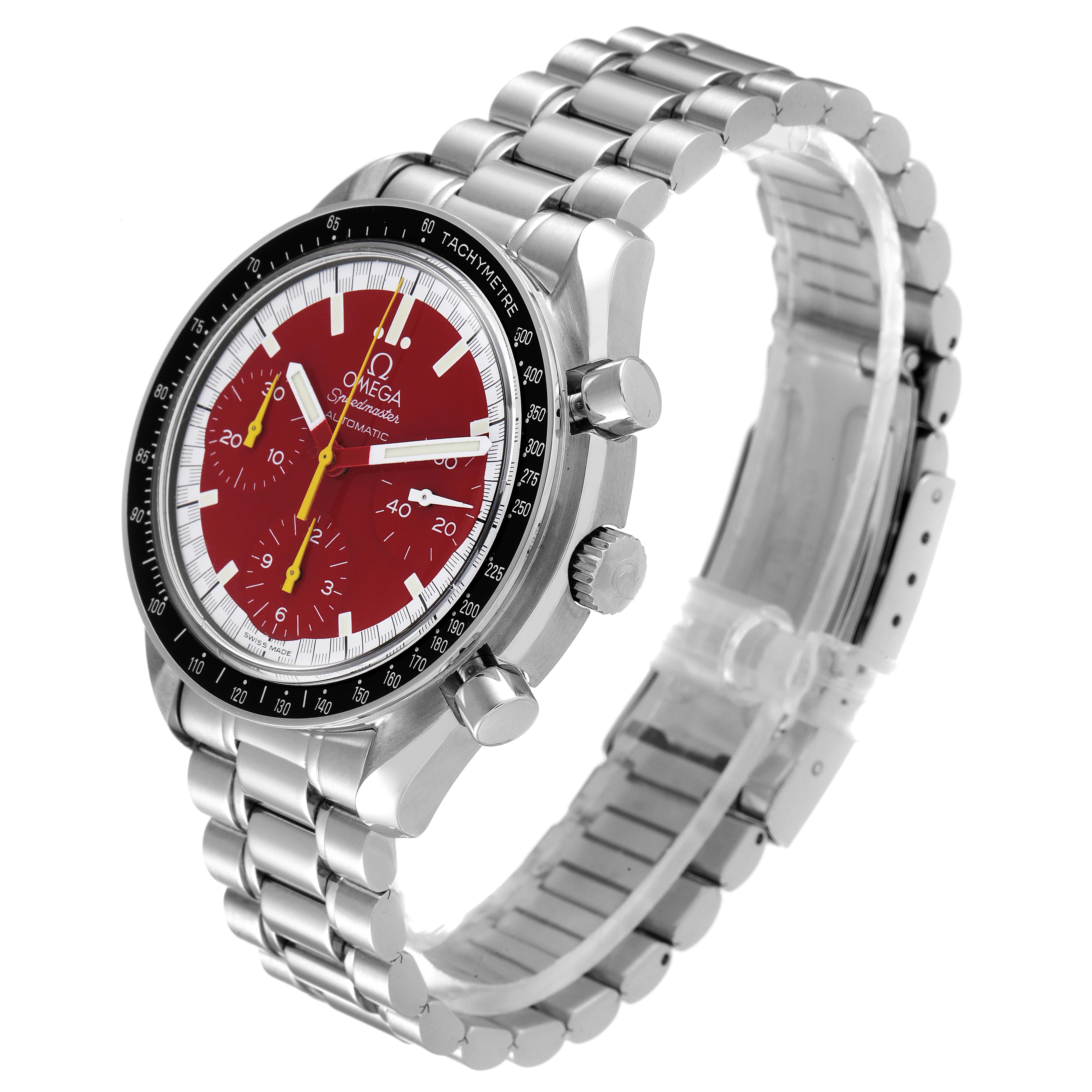 The Omega Speedmaster 3510.61.00 Men's Stainless Steel Red Dial 3510.61.00 Men's Stainless Steel Red Dial watch is shown at a three-quarter angle, displaying its face, tachymeter bezel, pushers, and metal bracelet.