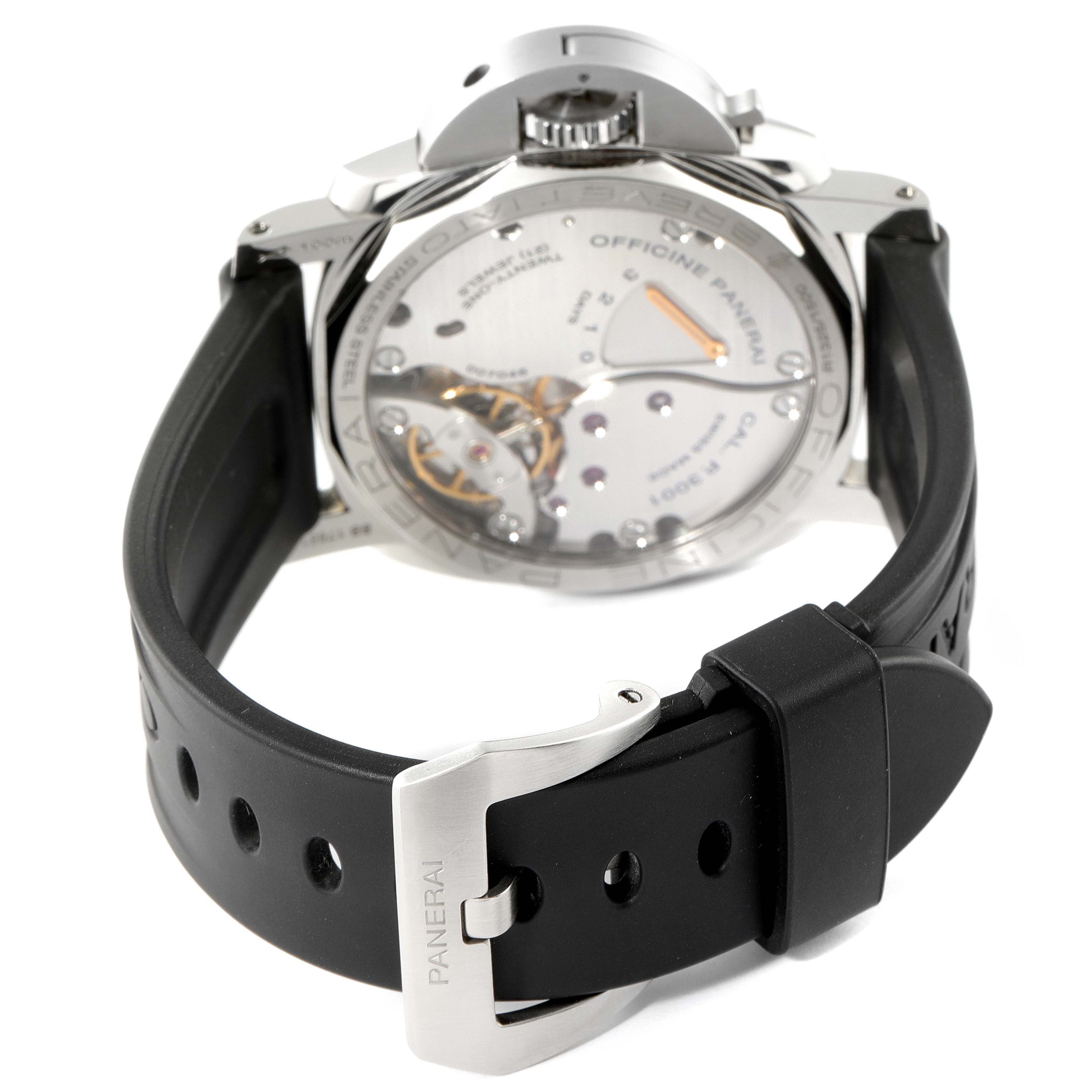 The image shows the back view of a Panerai Luminor PAM00422 Men's Stainless Steel Black Dial PAM00422 Men's Stainless Steel Black Dial watch, highlighting the open case back and black rubber strap.