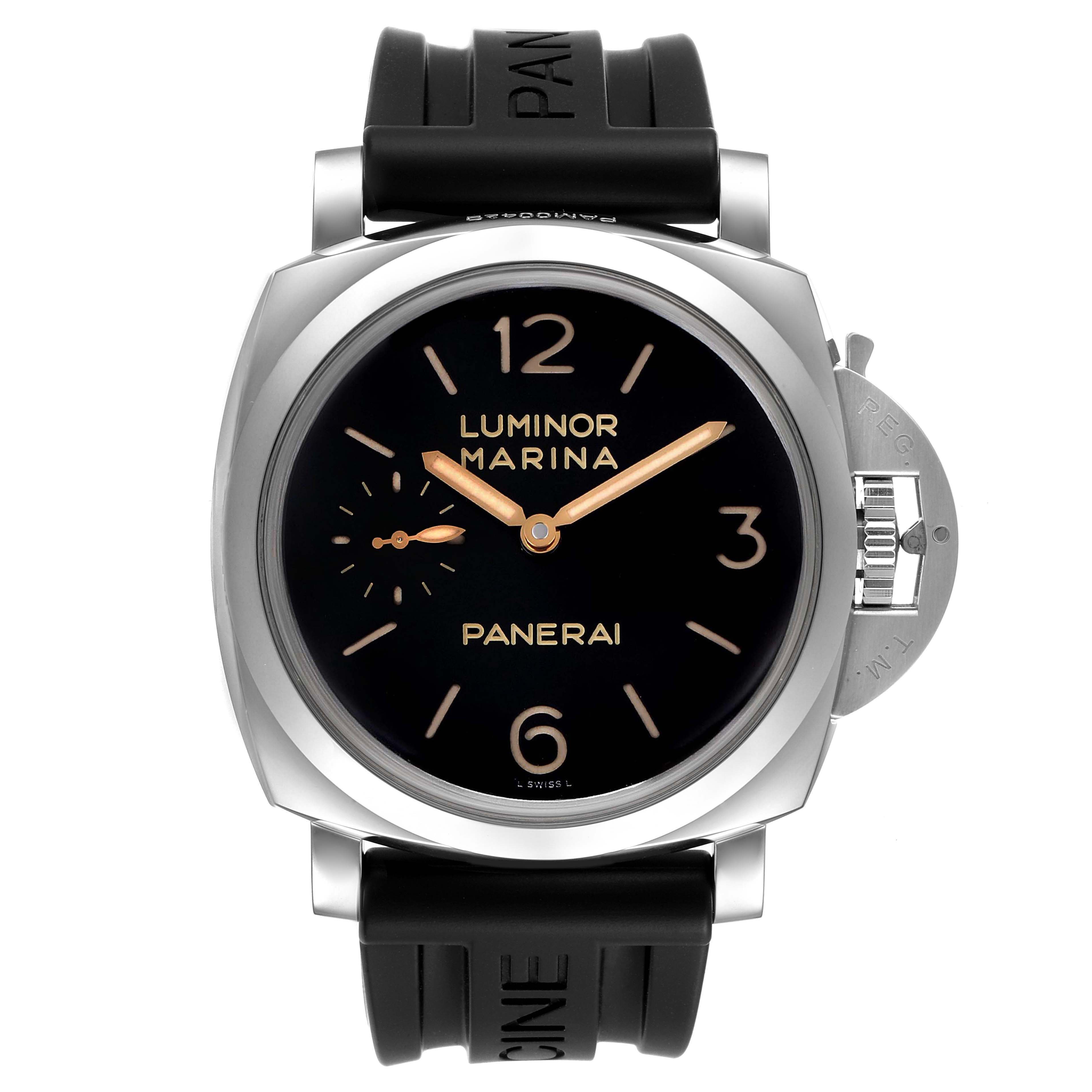 This image shows a front view of the Luminor model by Panerai, highlighting its dial, hands, and crown guard.