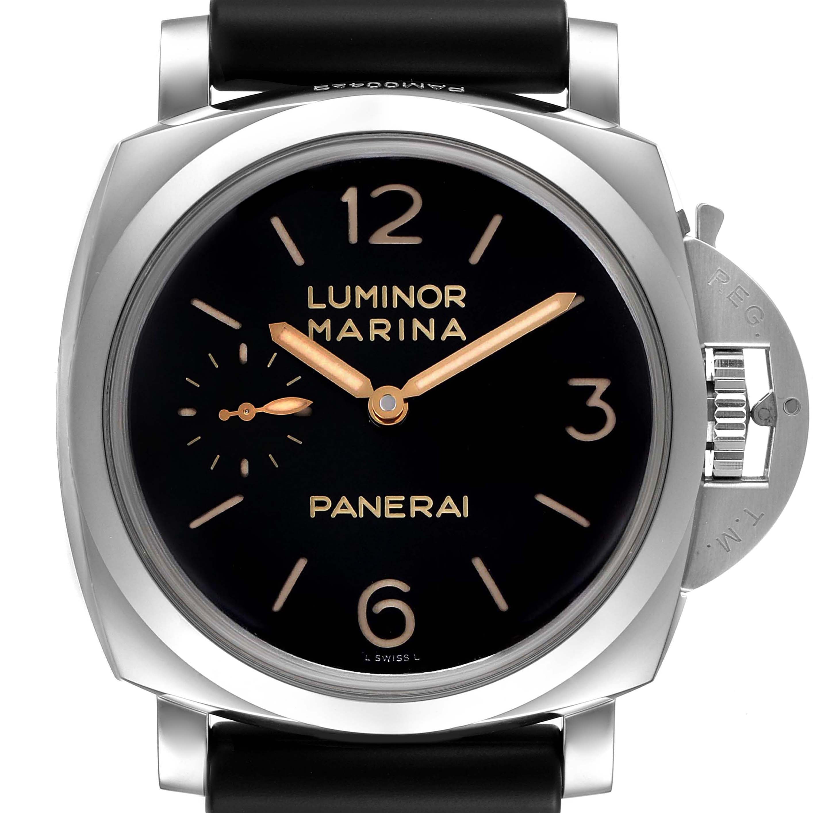 The image shows a front view of the Panerai Luminor PAM00422 Men's Stainless Steel Black Dial PAM00422 Men's Stainless Steel Black Dial Marina watch, highlighting the dial, hands, and crown guard.