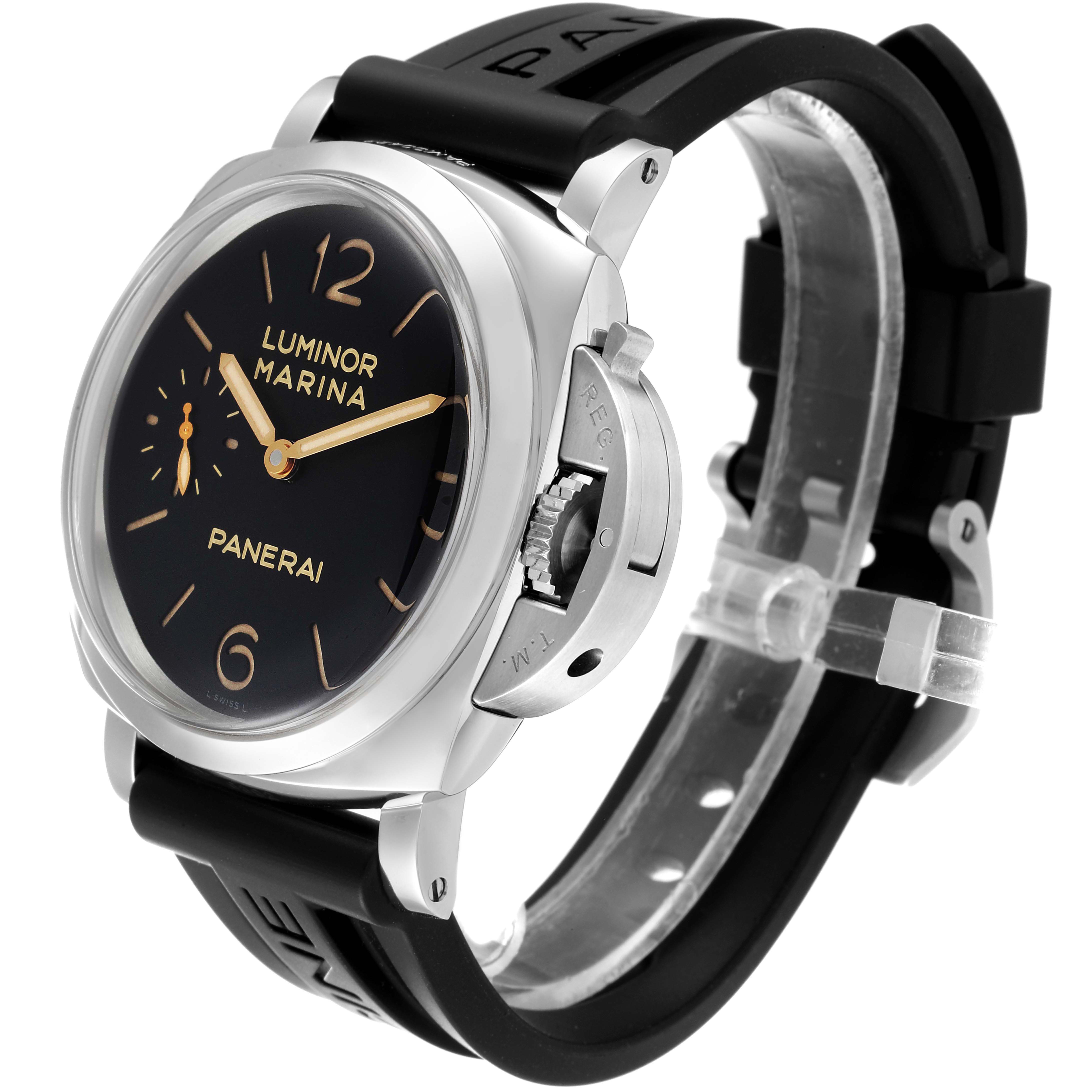 The image shows a front-left view of a Panerai Luminor PAM00422 Men's Stainless Steel Black Dial PAM00422 Men's Stainless Steel Black Dial watch, highlighting its black dial, strap, and crown guard.