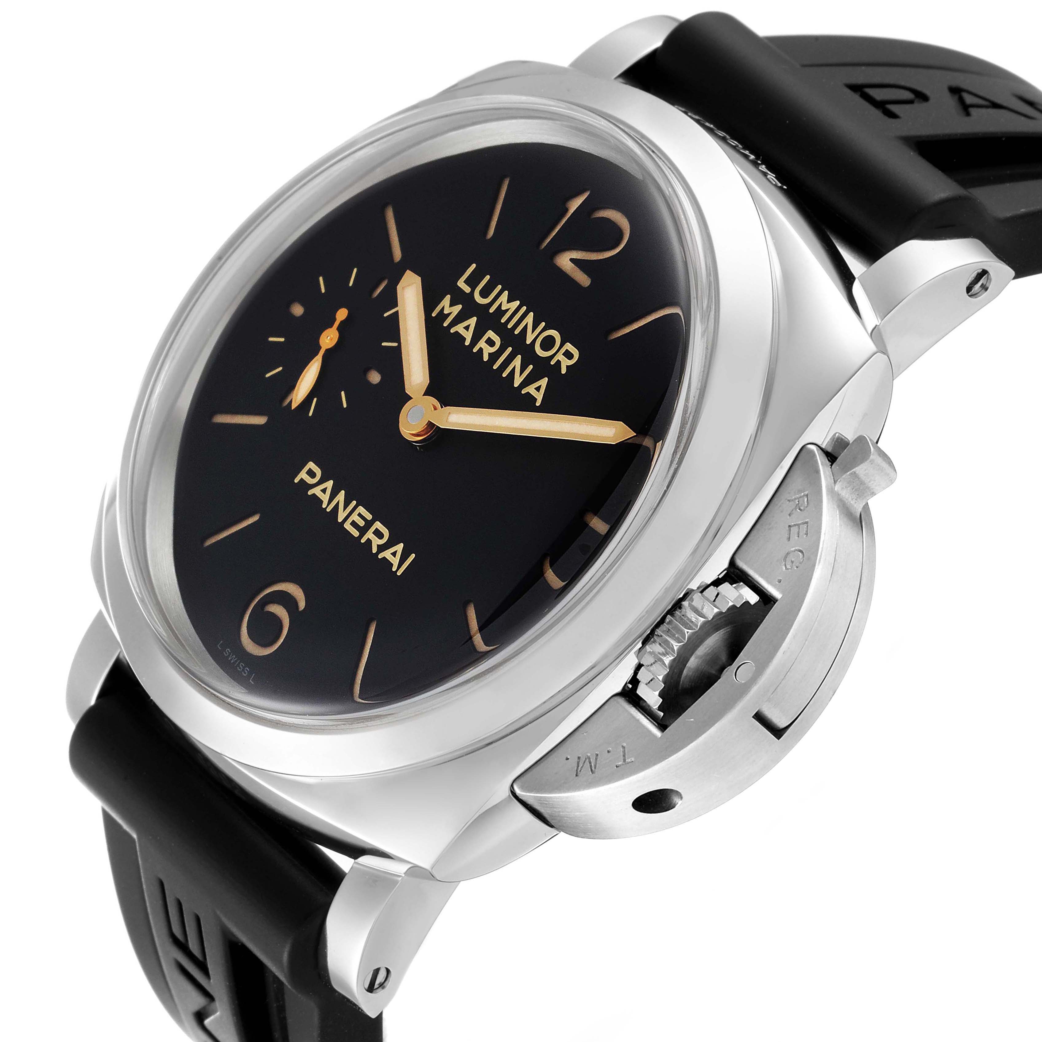 The image shows a Panerai Luminor PAM00422 Men's Stainless Steel Black Dial PAM00422 Men's Stainless Steel Black Dial watch at an angled view, highlighting the watch face, crown guard, and strap.