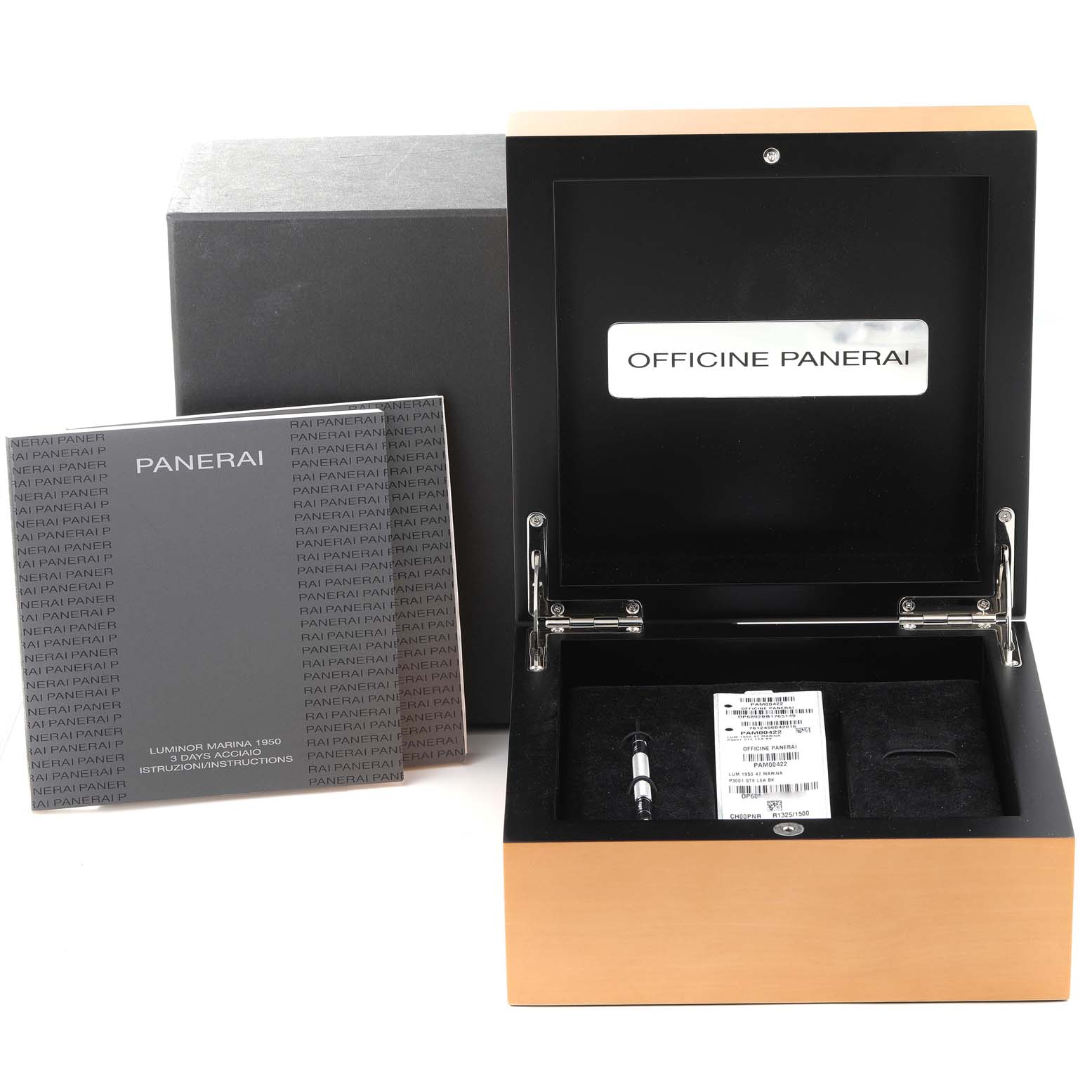 The image shows the packaging and instruction manual for a Panerai Luminor PAM00422 Men's Stainless Steel Black Dial PAM00422 Men's Stainless Steel Black Dial model watch.