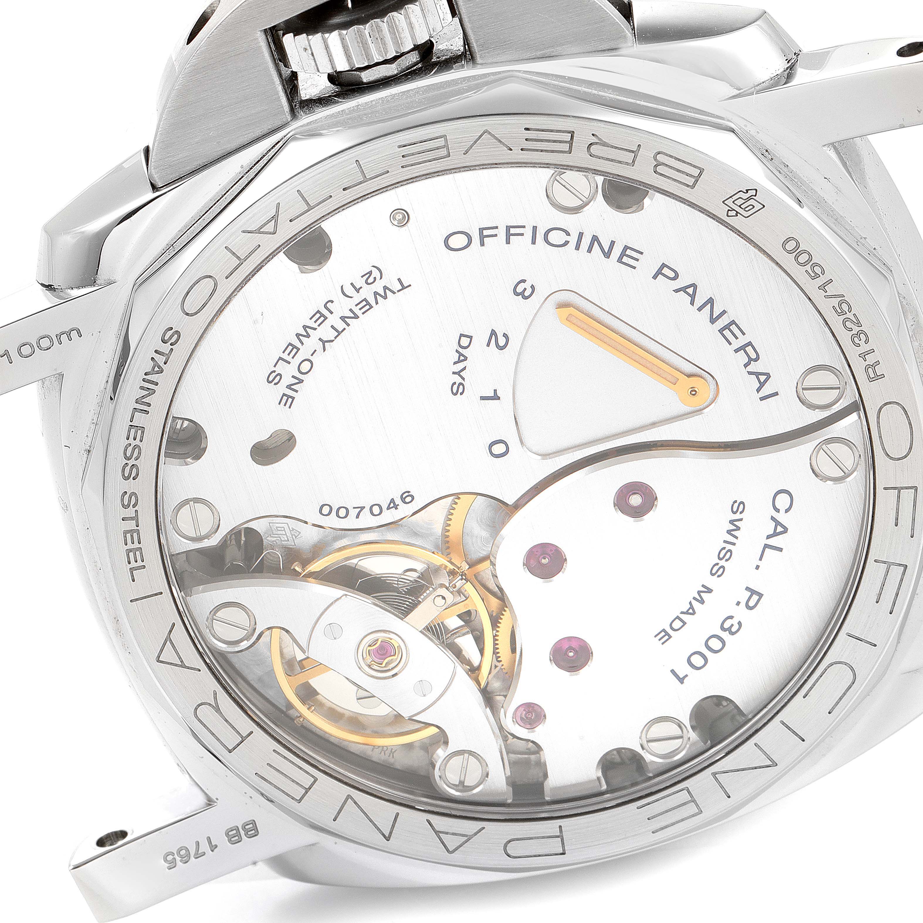 This image shows the back view of a Panerai Luminor PAM00422 Men's Stainless Steel Black Dial PAM00422 Men's Stainless Steel Black Dial watch, highlighting its internal mechanism and inscriptions.