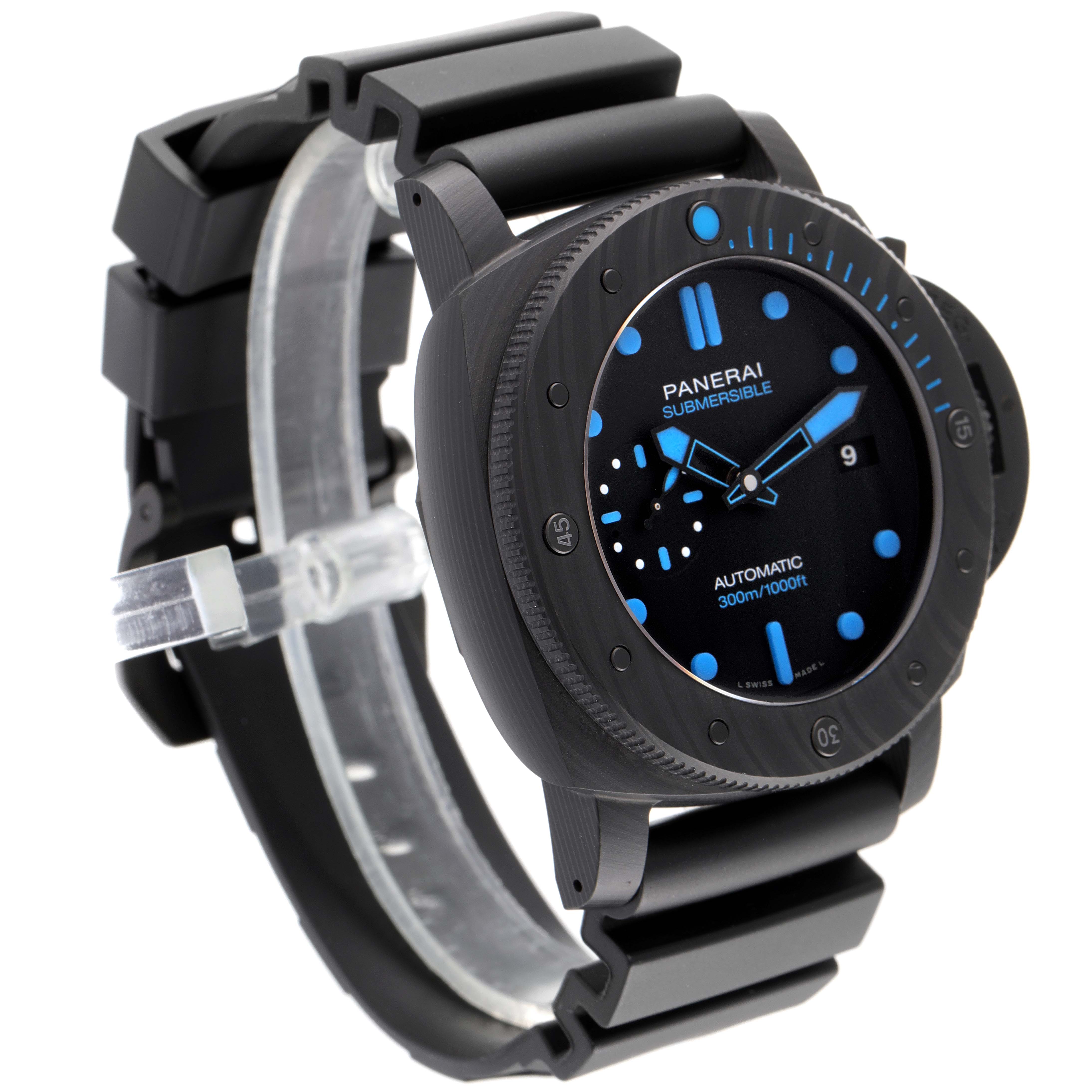 The Panerai Submersible PAM01616 Men's Ceramic Black Dial PAM01616 Men's Ceramic Black Dial watch is shown at an oblique angle, showcasing its face, bezel, and strap.